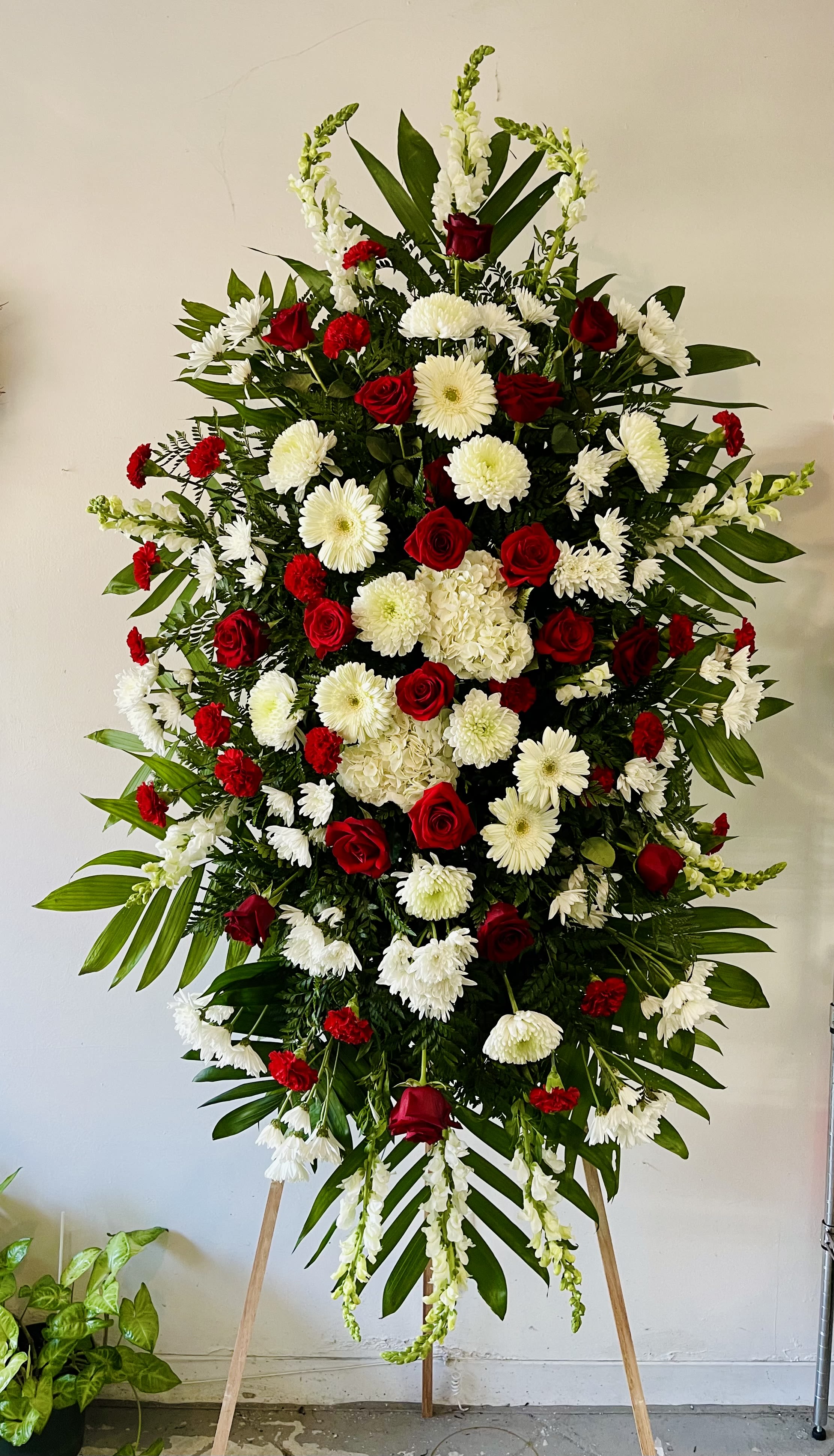 Elegant Tribute - Red &amp; White - The Elegant Tribute - Red &amp; White Spray is an exquisite display of sweet serenity.  Red roses with white gerbera daisies, hydrangeas, carnations and more are artfully arranged amongst emerald palm fronds and lush greens.  This standing spray is an excellent way to honor the life of your loved one.  Optional Banner included upon request. Include your banner message in the Florist Instructions during checkout, or give us a call at (562)692-0438.