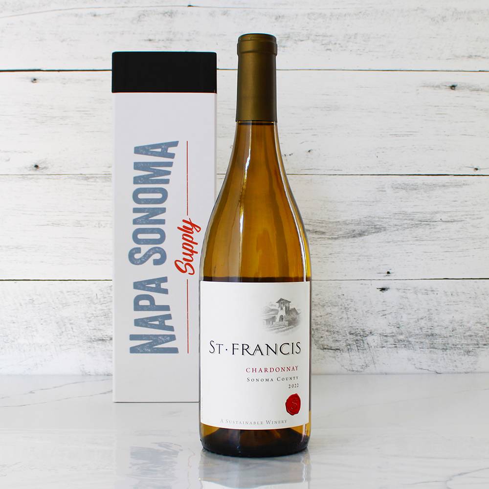 St. Francis Chardonnay St. Francis Chardonnay - This elegant wine presents butterscotch, baked apple and orange blossom aromas before bright flavors of D’Anjou pear, fresh apple, almond and Meyer lemon zest emerge. The creamy mouthfeel is balanced with refreshing minerality on the finish. St. Francis Winery, located in Sonoma County, is renowned for its rich Cabernet Sauvignon and elegant Chardonnay. This vineyard emphasizes sustainable farming practices to produce wines that capture the essence of Sonoma's diverse terroir. Visitors can enjoy a memorable wine tasting experience, exploring a range of expertly crafted wines in a scenic and welcoming setting. St. Francis Winery's dedication to quality, sustainability, and innovation has earned it a distinguished reputation among wine enthusiasts. Its commitment to excellence and its beautiful location make St. Francis Winery a must-visit destination in Sonoma County.