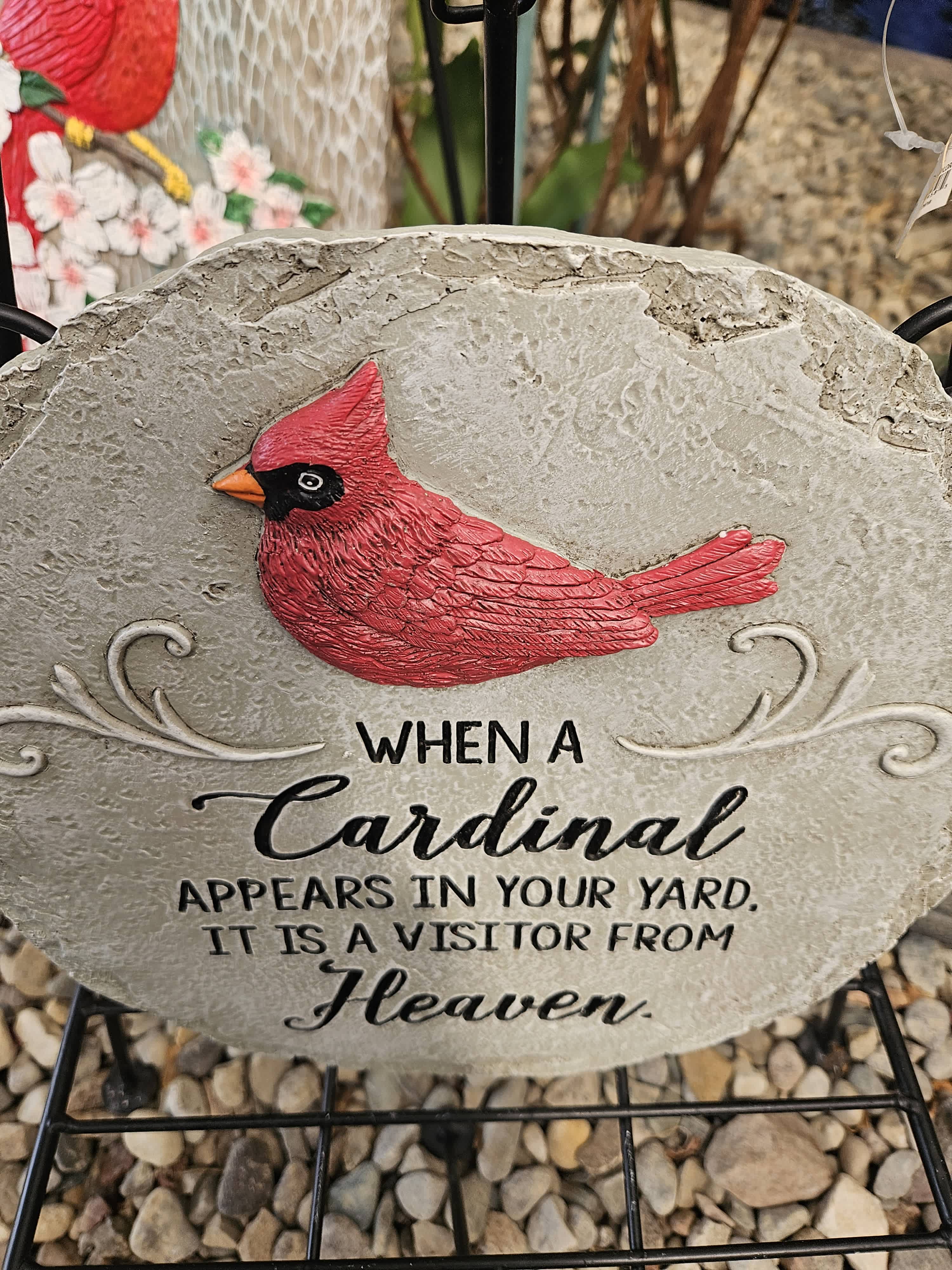 Cardinal Stone with an easel Cardinal Stone with an easel - Round resin cardinal stone (11" tall) with an easel, message is "When a cardinal appears in your yard, it's a visitor from Heaven"
