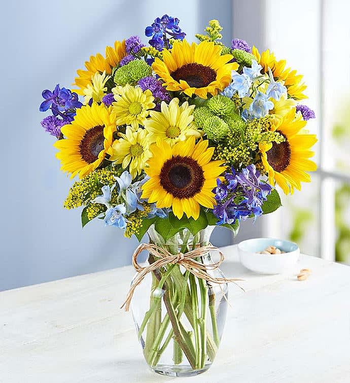 FIELD OF EUROPE SUMMER 148682XL - Inspired by the colorful charm of the European countryside, our best-selling summer bouquet is gathered with fresh-picked blooms, revealing the rustic beauty of nature. Shades of golden yellow and rich blue pop against lush greenery, creating a timeless gift for someone special to enjoy. All-around arrangement with sunflowers, blue delphinium, yellow daisy poms, green button poms and purple statice, accented with assorted greenery Artistically designed in a clear glass vase accented with raffia
