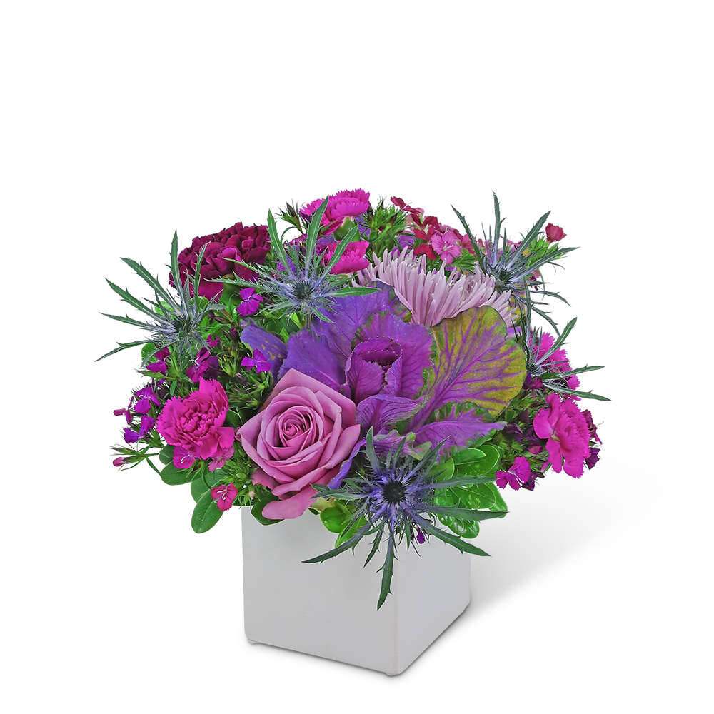 Purple Pasadena - This artistic flower design will brighten anyone’s day! If you're looking for purple flowers, Purple Pasadena is the flower arrangement for you! It contains roses, spider mums, carnations, and dianthus accented with a variety of foliage. This unique flower design is truly fresh and fabulous. Send these beautiful flowers to celebrate a birthday, a new baby, or any occasion. We offer same-day flower delivery in most cases.