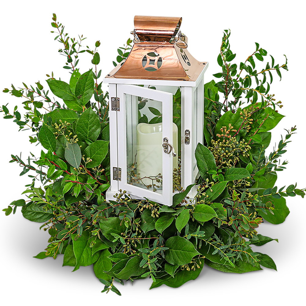 Wings of Peace Lantern - Our Wings of Peace Lantern is a stunning arrangement of premium foliage that surrounds a keepsake lantern. This beautiful lantern is a symbol of hope and peace, making it an ideal gift to offer solace and comfort to a loved one during times of grief. The lantern is adorned with delicate accents, adding to its natural charm and beauty. The foliage used in the arrangement includes a mix of greens, accentuating the gentle glow of the lantern. This thoughtful gift is perfect for birthdays, anniversaries, or as a special way to offer condolences.