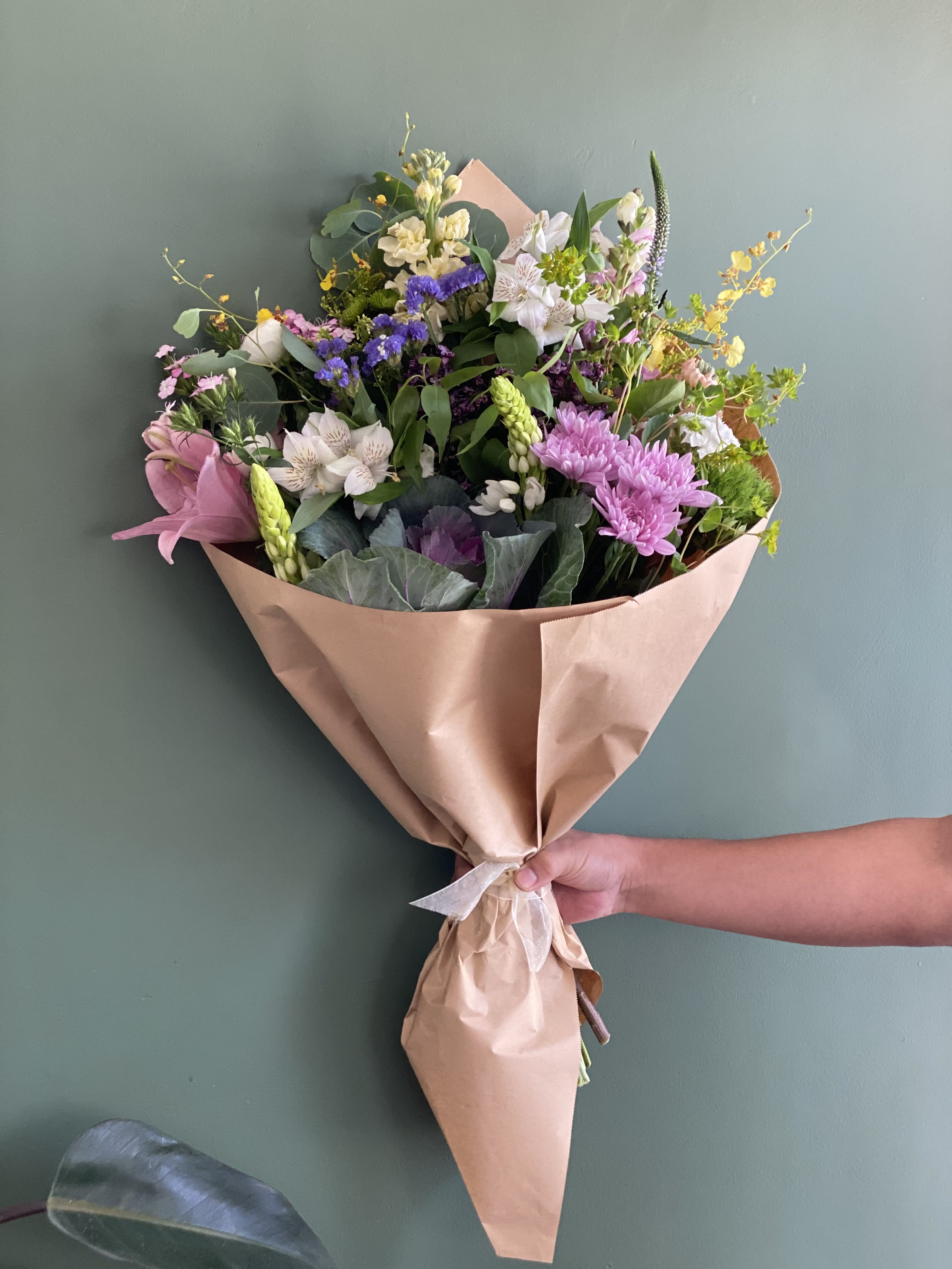 Hi May - A soft color seasonal garden floral bouquet, hand wrapped with brown paper