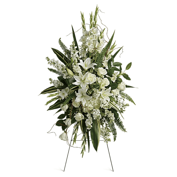 Heartfelt Sympathy - A peaceful display of your heartfelt sympathy, this pure white spray of hydrangea, roses and lilies brings a natural serenity to the service. This beautiful spray includes white hydrangea, white roses, white oriental lilies, white gladioli, white stock, pitta negra, sword fern, curly willow, variegated aspidistra leaves, and lemon leaf. Delivered on a wire easel.