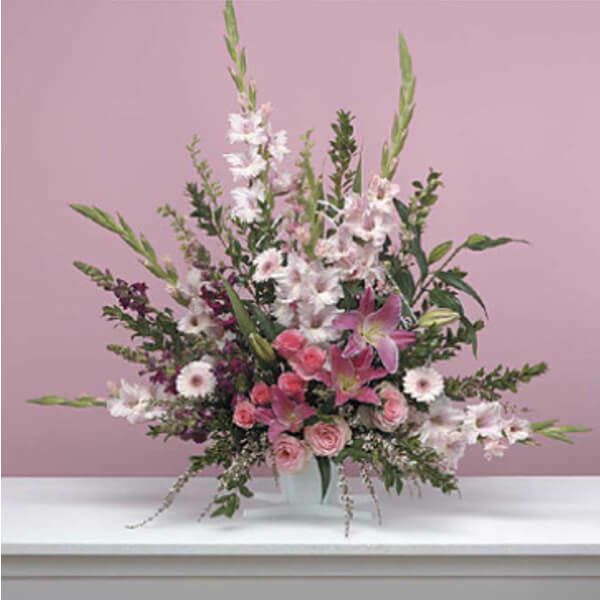 Traditional Pink Fan - The Traditional Pink Fan Arrangement is a classic and elegant floral display that is arranged in the shape of a fan, adding a touch of sophistication to the overall design. This arrangement primarily features shades of pink flowers, such as roses, lilies, or carnations, creating a soft and romantic ambiance. The fan-shaped arrangement often includes lush greenery as well, adding texture and balance to the composition. This traditional design exudes a timeless charm and is suitable for various occasions, including weddings, anniversaries, or expressions of sympathy. The delicate and feminine nature of the pink hues makes this arrangement a heartfelt and thoughtful choice to convey love, admiration, or condolences.