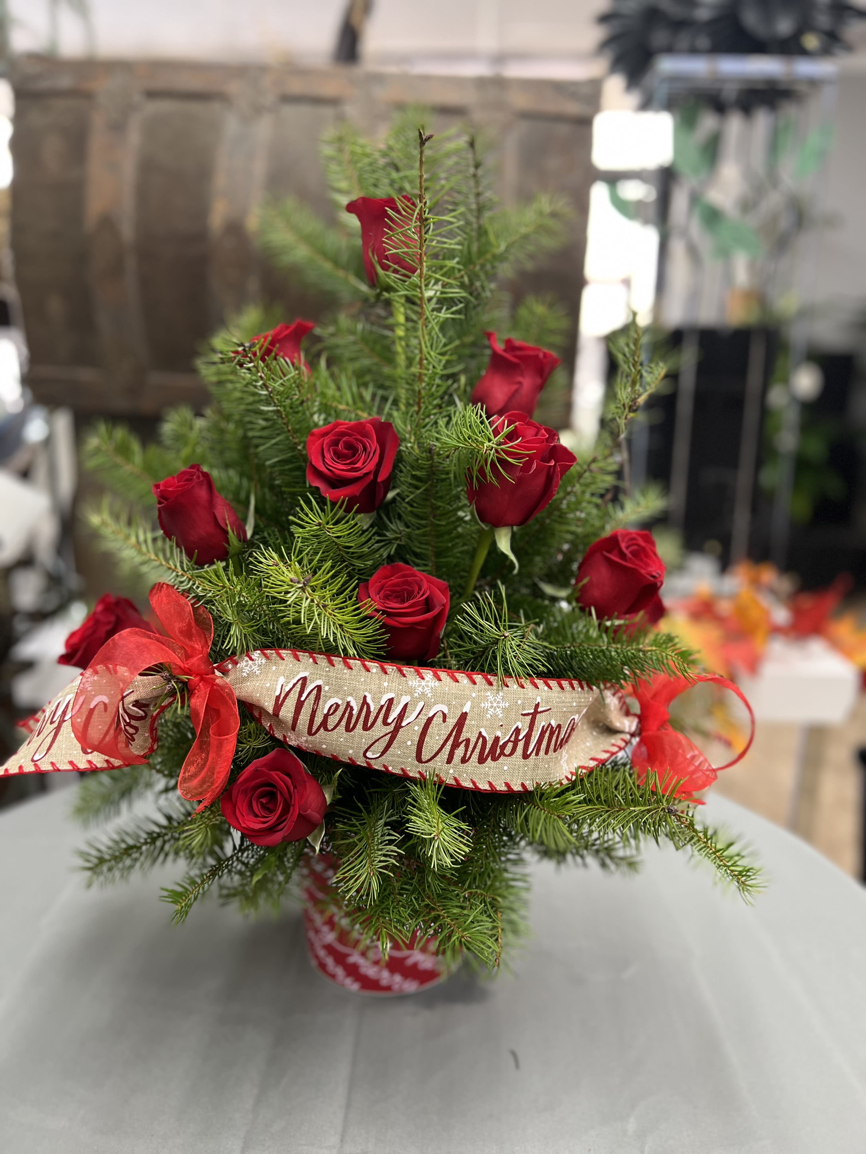 Custom Christmas Tree Custom Christmas Tree - Beautiful custom made Christmas Tree with dozen red roses. Custom ribbon