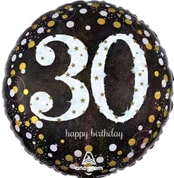 18" 30th Birthday Mylar 18" 30th Birthday Mylar - A black standard-sized mylar with gold and white polka dots around the edges that reads "30" and "Happy Birthday"