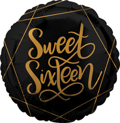 18" Black Sweet Sixteen Mylar 18" Black Sweet Sixteen Mylar - Select this gold themed Sweet Sixteen birthday mylar balloon.