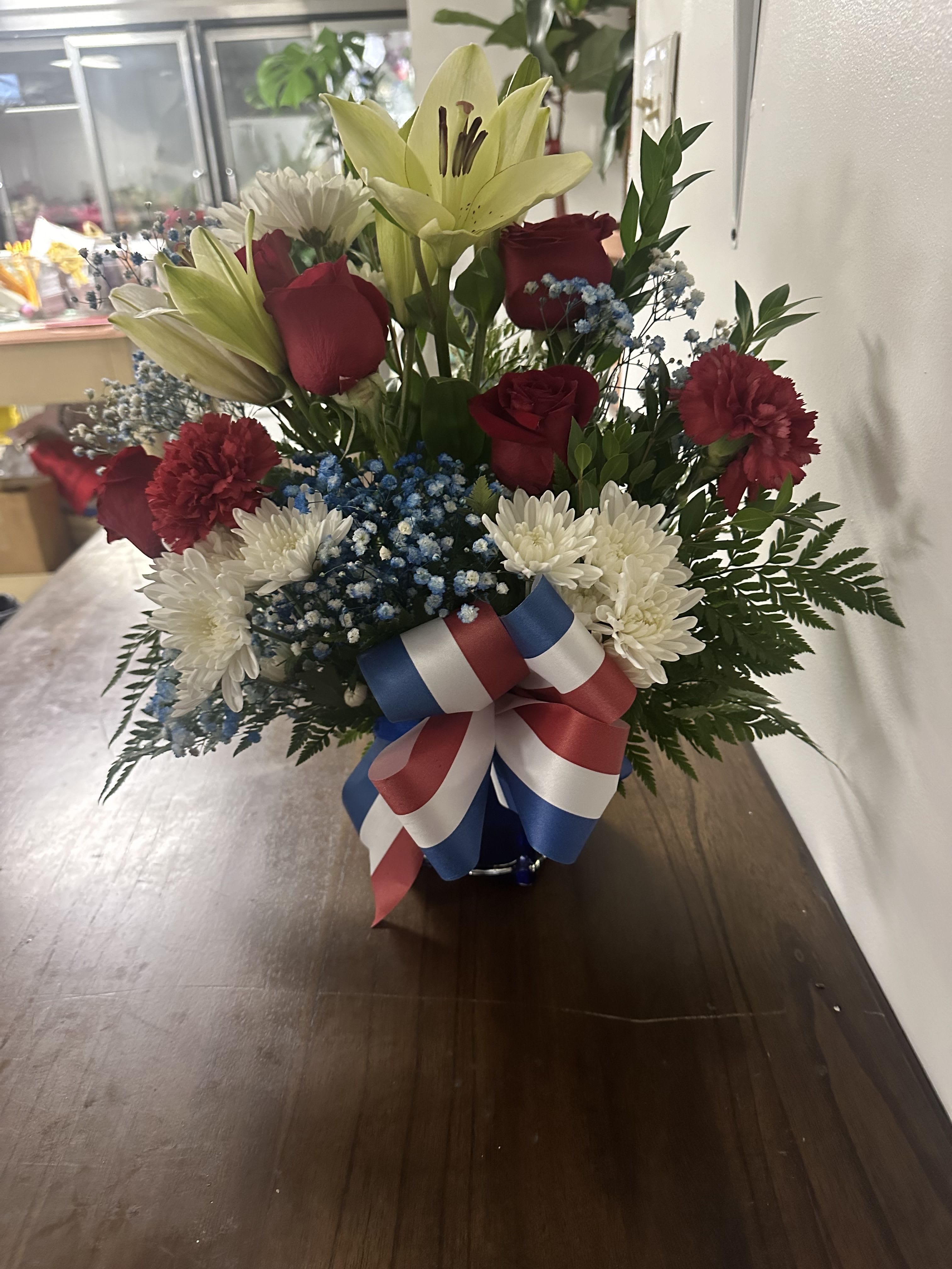 Red, White and Blue Arrangement Red, White and Blue Arrangement - Arrangement with mixed colors in a vase.