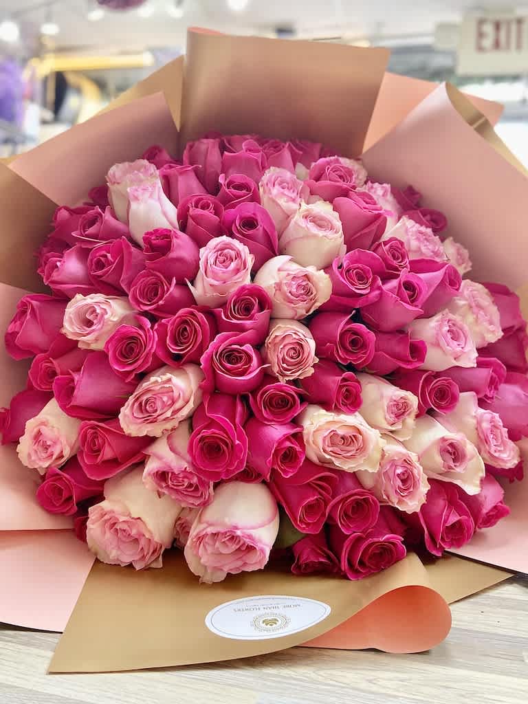 100 Roses Round EuroBouquet - Hot Pink/ Light Pink - 100 Roses Round Euro Bouquet: Fresh cut Roses with european style wrapping in our deluxe floral paper accented with a decorative bow and a personalized card note. Ideal gift with great look! (NO VASE INCLUDED)
