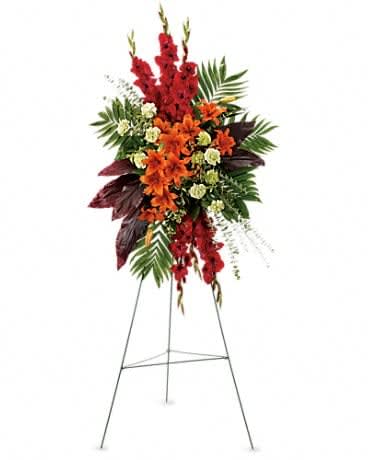 A New Sunrise Spray - When a loved one has passed, this radiant spray of red and orange flowers will be a reminder of happy times past that will never be forgotten. The stunning arrangement includes orange Asiatic lilies, red gladioli, green carnations, peach hypericum, emerald palm and red ti leaves, accented with assorted greenery.