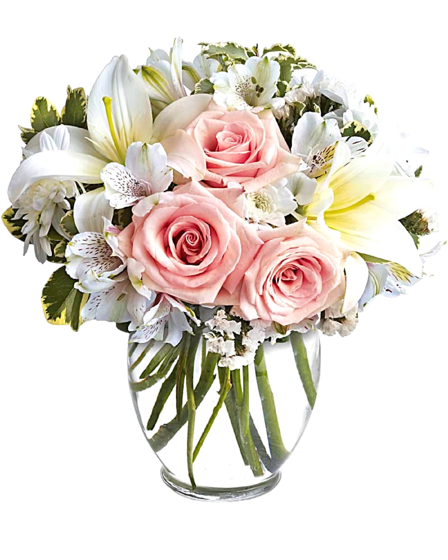 Arrive In Style Flower Arrangement - Express your love with the eloquence of Shakespeare - without saying a word. She'll adore this exquisite bouquet of roses and lilies and other pastel favorites in a classic ginger vase. And she'll know just the words to let you know.  DETAILS Light pink roses, white Asiatic lilies, white alstroemeria, and white cushion spray chrysanthemums are mixed with white statice and variegated pittosporum in a clear, rounded vase.  VASE INCLUDED Orientation: All-Around Item #NF-85  FLORIST-TO-DOOR Same day flower delivery on most orders placed online by 12 pm or 10 am on weekends PST.  BLOOM DETAILS Roses Asiatic Lilies Cushion-Mums Alstroemerias Statice Filler Greenery  The Standard Arrangement is approx. 11&quot; H x 10 1/2&quot; W. The Deluxe Arrangement is approx.12&quot; H x 11&quot; W. The Premium Arrangement is approx. 12&quot; H x 12&quot; W.  How to place an order?  1. You can place an order directly on this secure website. OR 2. You can call in your order by dialing: (323) 262 - 9238. OR 3. You can visit our store (appointment recommended 323.262.9238)  NINFA'S FLOWERS 2405 WHITTIER BLVD. LOS ANGELES, CA. 90023  ATTENTION: *Please note that on busy holidays, Valentine's Day, and Mother's Day, we cannot verify if the recipient received the flowers until the following day. You can verify delivery on the website after 10:00 pm, call 323.262.9238 the following day after 10:00 am, or contact the recipient directly. Thank you for your patience and understanding.