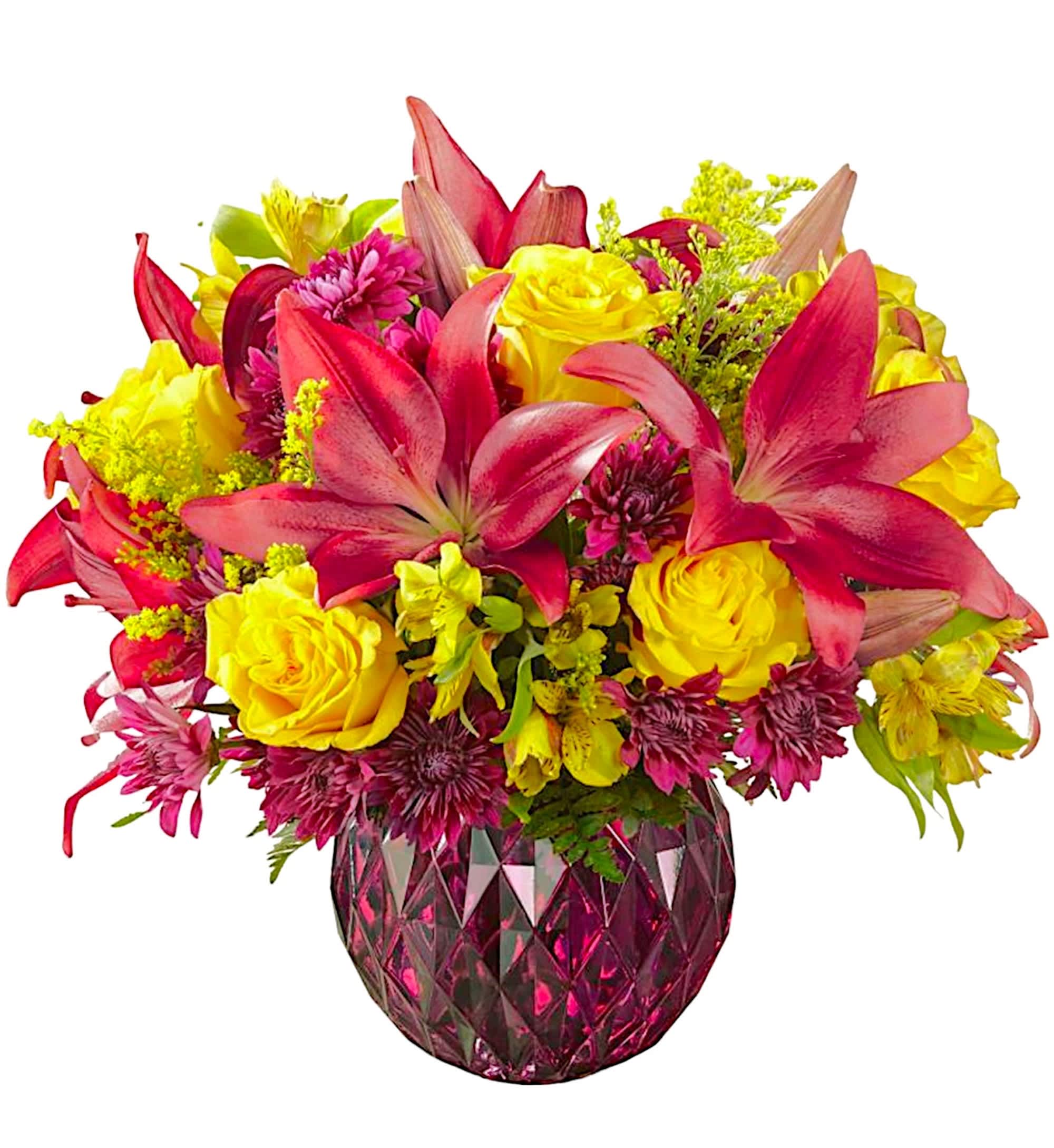 Autumn Splendor Luxury  - Glowing with autumn's natural beauty captured in blushing blooms that will get you noticed, this stunning flower arrangement is a highlight of the fall season. This fresh flower arrangement is an excellent way to celebrate autumn's arrival throughout the fun and festive months ahead.  DETAILS Burgundy Asiatic lilies, chrysanthemums, yellow roses, Peruvian lilies, solidago, &amp; lush greens.  VASE INCLUDED Orientation: All-Around Item #NF-90  FLORIST-TO-DOOR Same day flower delivery on most orders placed online by 12 pm or 10 am on weekends PST.   BLOOM DETAILS Asiatic Lilies Alstroemerias Roses  Cushion-Mums Solidago Filler Greenery  The Standard Arrangement is approx. 14&quot;H x 15&quot;W. (The Standard size does not include roses) The Deluxe Arrangement is approx. 15&quot;H x 15&quot;W. The Premium Arrangement is approx. 15&quot;H x 16&quot;W.  How to place an order?  1. You can place an order directly on this secure website. OR 2. You can call in your order by dialing: (323) 262 - 9238 OR 3. You can visit our store (appointment recommended 323.262.9238)  NINFA'S FLOWERS 2405 WHITTIER BLVD. LOS ANGELES, CA. 90023  ATTENTION: *Please note that on busy holidays, Valentine's Day, and Mother's Day, we cannot verify if the recipient received the flowers until the following day. You can verify delivery on the website after 10:00 pm, call 323.262.9238 the following day after 10:00 am, or contact the recipient directly. Thank you for your patience and understanding.