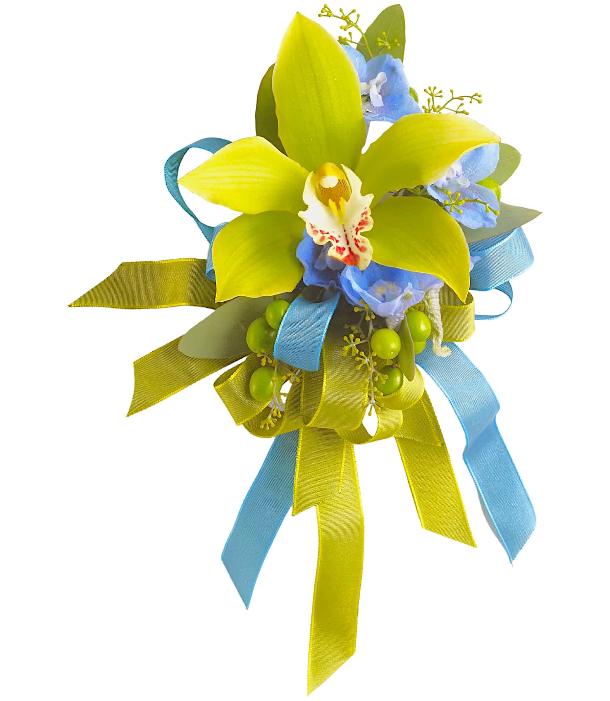 Big Night Corsage - Order a Fresh Flower Corsage for Your Prom Date, Wedding, or other Special Occasion. Frequently, both the corsages &amp; boutonnieres are ordered at the same time. Doing so helps ensure that the flowers match.  DETAILS BOUTONNIERE (worn on left side) WRISTLET CORSAGE (worn on left side) (if you want a pin-on Corsage instead, please specify under the card message) If you place your order in person at our store, you can choose the color of ribbon &amp; make customized changes/colors, etc.   INCLUDES RIBBON &amp; PINS Orientation: One-Sided Item #NF-978  FLORIST-TO-DOOR or PICK-UP FROM OUR STORE Same day flower delivery on most orders placed online by 12 pm or 10 am on weekends PST.  BLOOM DETAILS Cymbidium Orchid Delphinium Hypericum Greenery  The Standard is approximately 6&quot; W x 9&quot; H (Corsage Only) The Premium includes the Corsage and Boutonniere.  Boutonniere is approximately 5&quot; W x 5&quot; H.  How to place an order?  1. You can place an order directly on this secure website OR 2. You can visit our store (appointment recommended 323.262.9238)  NINFA'S FLOWERS 2405 WHITTIER BLVD. LOS ANGELES, CA. 90023  ATTENTION: *Please note that on busy holidays, Valentine's Day, &amp; Mother's Day, we cannot verify if the recipient received the flowers until the following day. You can verify delivery on the website after 10:00 pm, call 323.262.9238 the following day after 10:00 am, or contact the recipient directly. Thank you for your patience &amp; understanding.