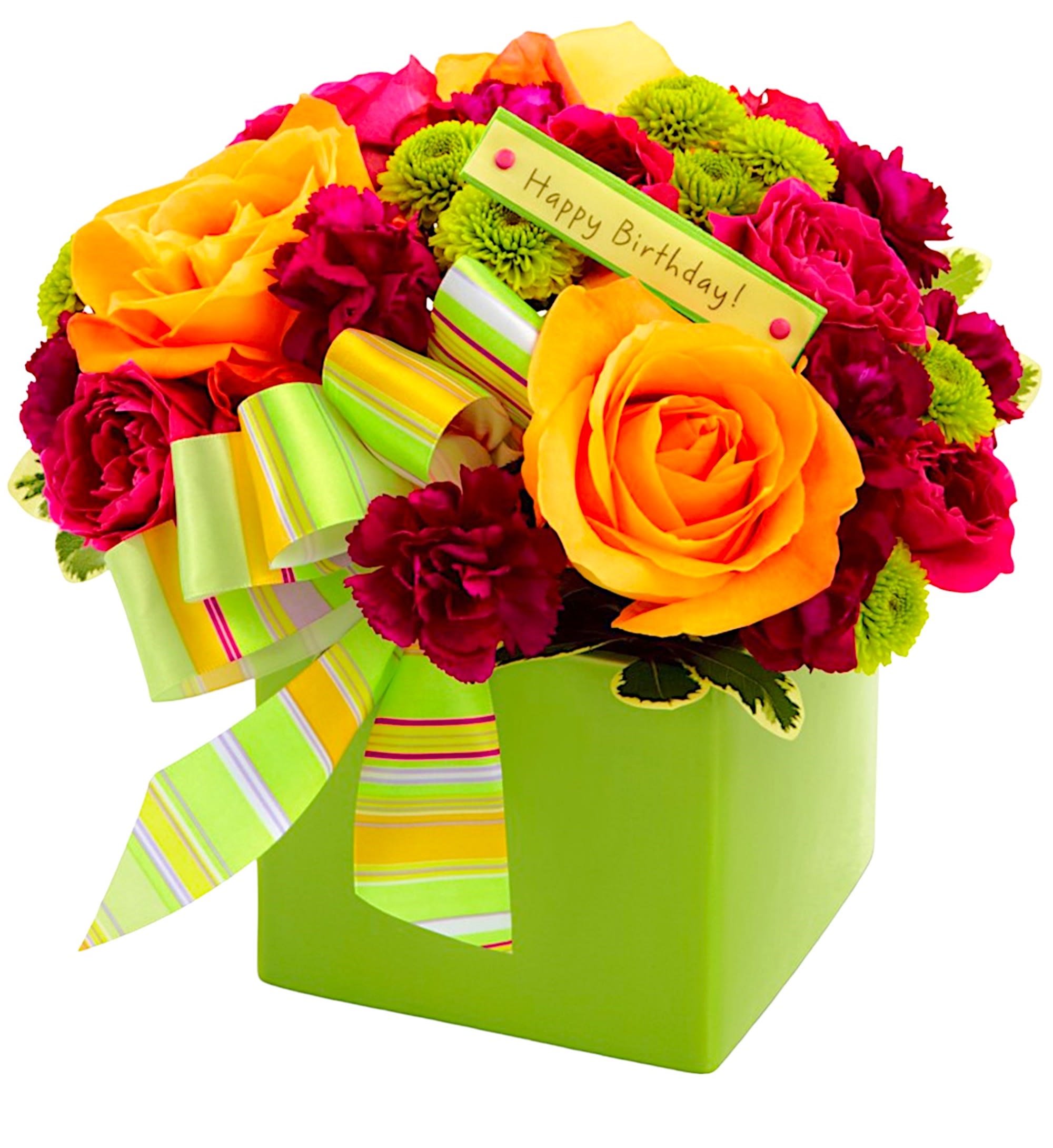 Birthday Arrangement - The Birthday Arrangement is an expression of warm sentiments and fantastic fortune for the year to come!   DETAILS Orange roses, fuchsia spray roses, plum miniature carnations &amp; green button poms are beautifully arranged in a green ceramic vase &amp; accented with a ribbon to create the perfect way to wish them a Happy Birthday.  CERAMIC CUBE VASE INCLUDED Orientation: All-Around Item #NF-122  FLORIST-TO-DOOR Same day flower delivery on most orders placed online by 12 pm or 10 am on weekends PST.  BLOOM DETAILS Roses Spray Roses Mini-Carnations Button-Mums Greenery  The Standard Arrangement is approx. 8&quot; H x 8&quot; W. The Deluxe Arrangement is approx. 9&quot; H x 9&quot; W. The Premium Arrangement is approx. 9 1/2&quot; H x 9&quot; W.  How to place an order?  1. You can place an order directly on this secure website OR 2. You can call in your order by dialing: (323) 262 - 9238 OR 3. You can visit our store (appointment recommended 323.262.9238)  NINFA'S FLOWERS 2405 WHITTIER BLVD. LOS ANGELES, CA. 90023  ATTENTION: *Please note that on busy holidays, Valentine's Day, and Mother's Day, we cannot verify if the recipient received the flowers until the following day. You can verify delivery on the website after 10:00 pm, call 323.262.9238 the following day after 10:00 am, or contact the recipient directly. Thank you for your patience and understanding.