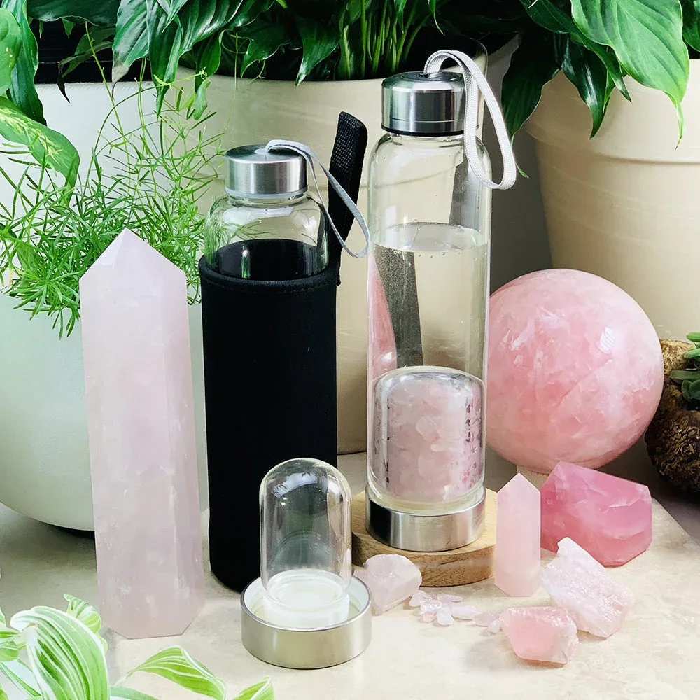 Rose Quartz Gem Pod Water Bottle -  Rose Quartz - Crystal of Love, Compassion &amp; Emotional Uplifting   Why are people choosing to drink from crystal water bottles? With powerful crystal allies, you can infuse your water with your highest blueprint for love, peace, and well-being. Water has an actual memory and its molecular structure can be positively affected by the thoughts and intentions we infuse into it.   Product Design: * The bottles hold 550ml of pure energized crystal water (18Oz). * Swap between different gemstones for different intentions/moods. * No chemical adhesives. * Non-toxic Stainless steel design. * Easy dis-assembly to wash in dishwasher * Carry case included. * Environmentally friendly materials, reusable and durable.