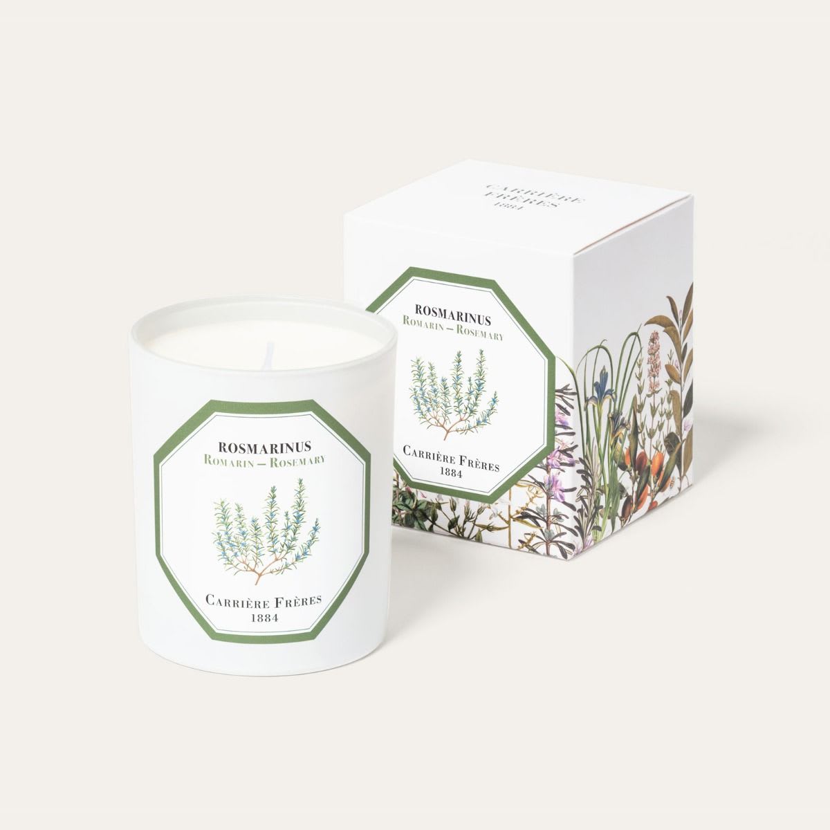 Carrière Frères Scented Candle - Rosemary - SCENTED CANDLE - 100% VEGETABLE WAX Rosemary Candle Rosmarinus A herb of crowns and troubadours. A beautiful, aromatic, leafy shrub that grows wild in the dry limestone hills of the Mediterranean basin, rosemary has been known since antiquity: the Greeks and Latins wove it into crowns to sharpen their memories.  PERFUME Rosemary is one of the oldest perfumes in the world. Characteristic of the Summer period, its herbaceous note is powerful while remaining fresh.  BENEFITS Its herbaceous fragrance is reminiscent of Summer. Renowned in aromatherapy, it is known to:  Stimulate the cognitive faculties (memory and concentration),  Reduce stress and fatigue,  Prevent insomnia,  Purify the air with its antiseptic power.  FEATURES Weight: 185g / 6.5 oz Burning time: 40 to 45 hours Dimensions: H: 9 cm Ø: 7.5 cm  Instructions Never leave a lit candle unattended, and do not burn one for more than 2 hours at a time. Always burn a candle until the entire surface liquifies, and allow it to solidify before re-lighting. Keep the wick trimmed to ¼ inch to avoid any black smoke. Gently re-position the wick while the wax is still molten. Always protect the surface on which the candle rests. Once only ¼ inch of wax remains, blow out the candle and let it fully cool before safely discarding it.