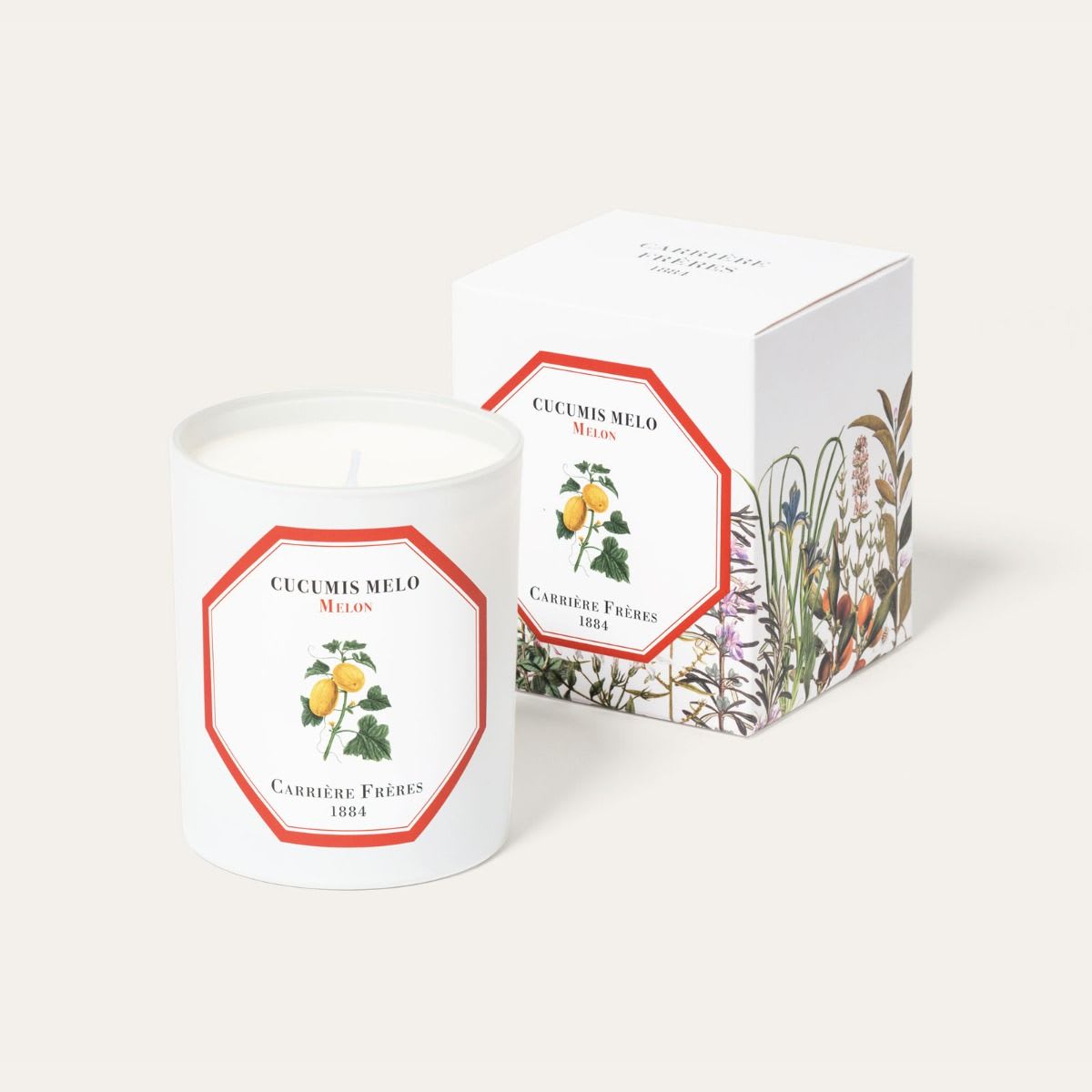 Carrière Frères Scented Candle - Melon - Melons have been used to quench our thirst since the beginning of time. A herbaceous plant native to Africa and belonging to the Cucurbitaceae family, the melon is naturally full of water and sugar. A Summer crop, it only ripens in southern regions.  BENEFITS Its sweet fragrance is reminiscent of Summer. Filled with water and sugar, it offers an invitation to indulge.  PERFUME Delicately scented, the melon has a nuanced aroma of banana and pineapple. Joyous and summery, the scent of melon is light, aquatic and fruity.  FEATURES Weight: 185g / 6.5 oz Burning time: 40 to 45 hours Dimensions: H: 9 cm Ø: 7.5 cm  