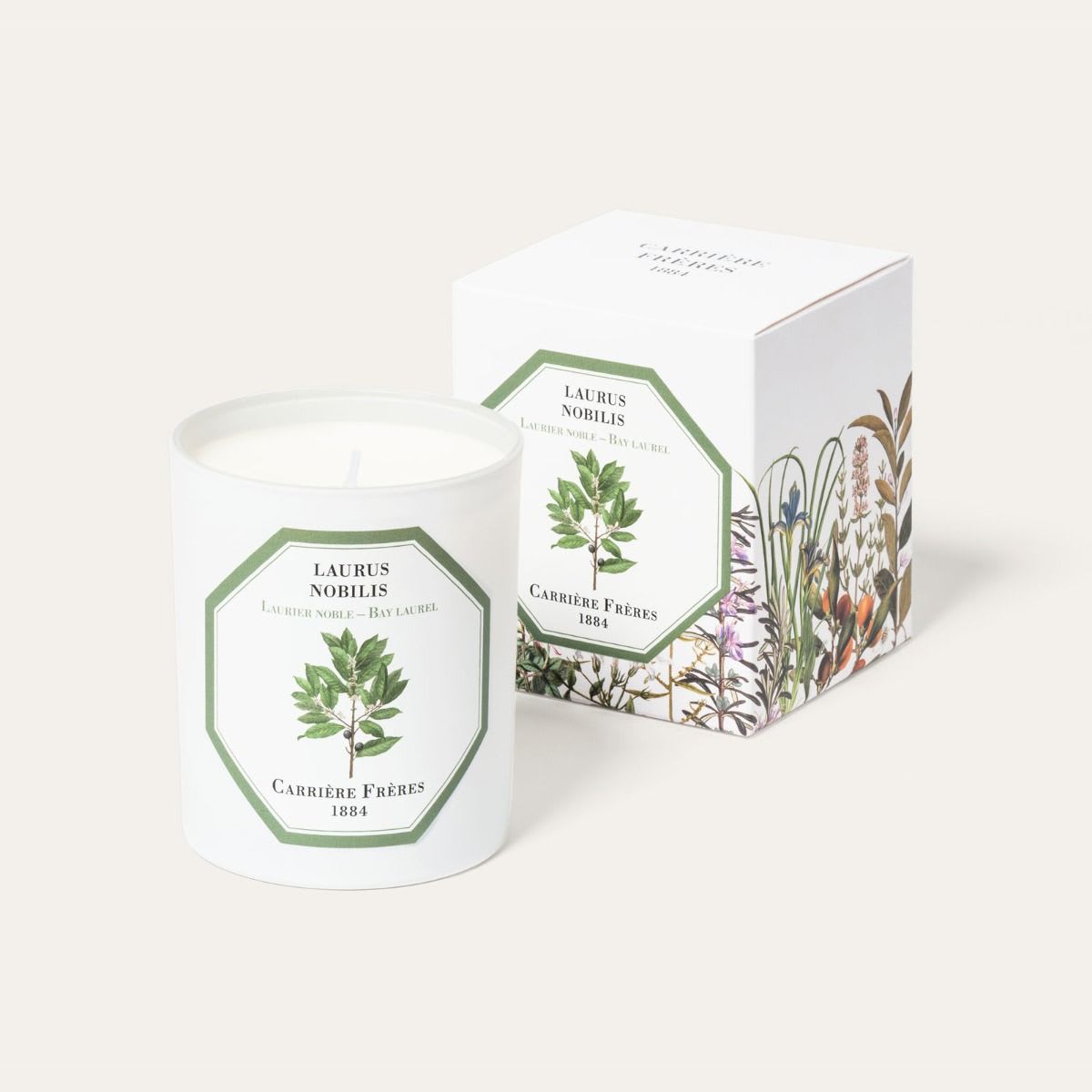 Carrière Frères Scented Candle - Bay Laurel - Indulge in the rich and aromatic fragrance of Bay Laurel with the Carrière Frères Scented Candle. This finely crafted candle captures the essence of the bay laurel plant, creating a warm and inviting ambiance in your living space.  INSTRUCTIONS Never leave a lit candle unattended, and do not burn one for more than 2 hours at a time. Always burn a candle until the entire surface liquifies, and allow it to solidify before re-lighting. Keep the wick trimmed to ¼ inch at all times, to avoid any black smoke. Gently re-position the wick while the wax is still molten. Always protect the surface on which the candle rests. Once only ¼ inch of wax remains, blow out the candle and let it fully cool before safely discarding it.