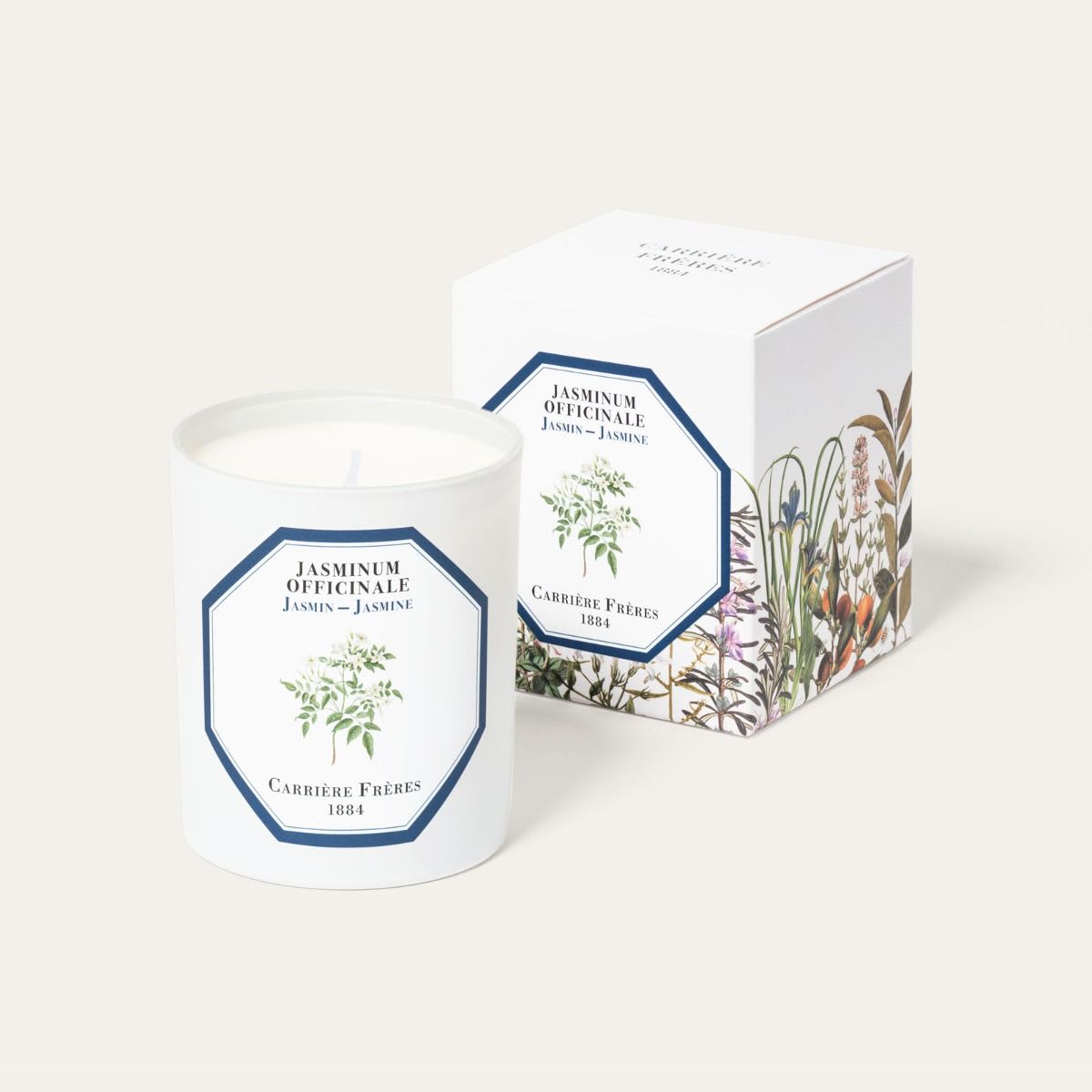 Carrière Frères Scented Candle - Jasmine - SCENTED CANDLE - 100% VEGETABLE WAX Jasmine Candle Jasminum Officinale Its name comes from the Arabic ‘yâsamîn,’ borrowed from Persian. The sweet-smelling flower grows on an Indian shrub of the Oleaceae family. Cleopatra is said to have met Marc Antoine on a boat whose sails were coated with jasmine essence.  PERFUME White jasmine or Jasminum officinale is prized in perfumery and gives off sweet floral notes.  BENEFITS It blooms all Summer long. Jasmine is relaxing and known for being:  Calming and soothing, helping to reduce anxiety and lack of energy,  A sedative that helps to fight against insomnia,  Antiseptic, helping to clear the air.  FEATURES Weight: 185g / 6.5 oz Burning time: 40 to 45 hours Dimensions: H: 9 cm Ø: 7.5 cm  Instructions Never leave a lit candle unattended, and do not burn one for more than 2 hours at a time. Always burn a candle until the entire surface liquifies, and allow it to solidify before re-lighting. Keep the wick trimmed to ¼ inch to avoid any black smoke. Gently re-position the wick while the wax is still molten. Always protect the surface on which the candle rests. Once only ¼ inch of wax remains, blow out the candle and let it fully cool before safely discarding it.