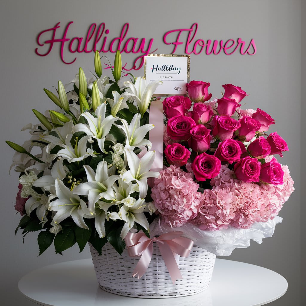 Hot Pink Roses and Lilies - Basket of roses and Lilies