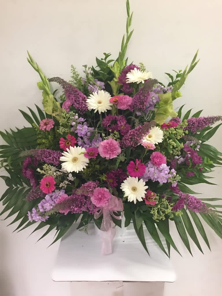 Garden of Memories Floor Basket Garden of Memories Floor Basket - A beautiful gathering of garden flowers in shades of pinks, whites and chartreaus to send in memory of your loved one