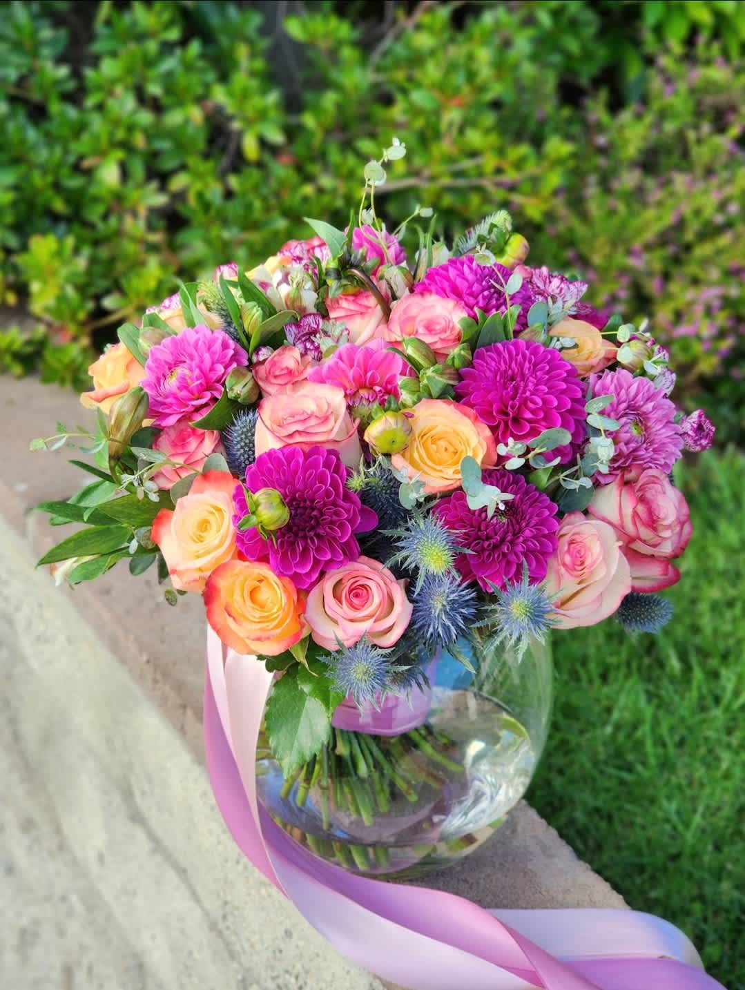 Passionate Heart Arrangement - Lavender shades paired with light spray roses and dahlias create a harmonious and elegant combination.  