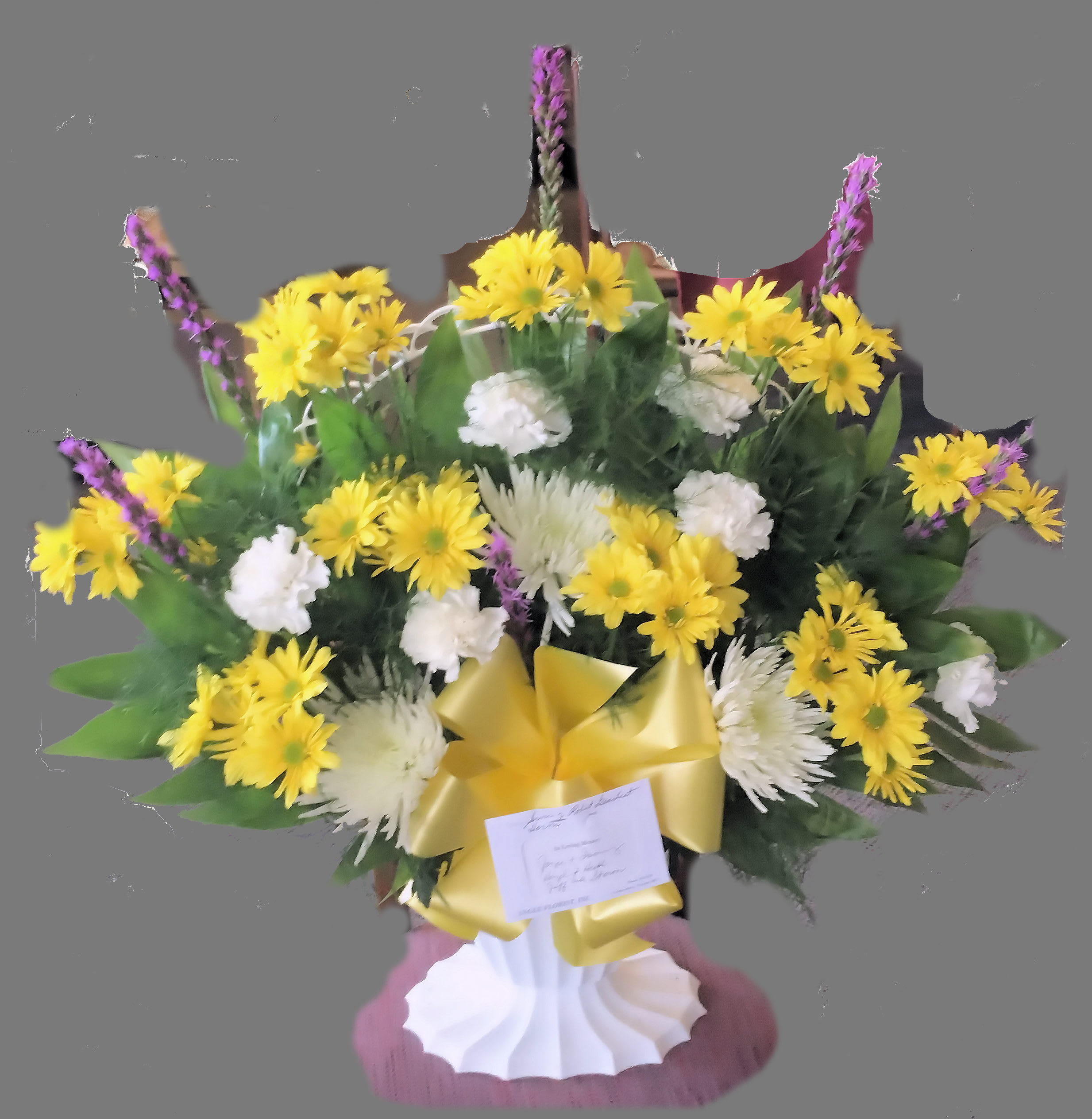 Basket of Fresh Summer Blossoms Basket of Fresh Summer Blossoms - A beautiful deluxe basket filled with a variety of fresh summer flowers including purple liatris, yellow daisies, white spider mums, and white carnations.
