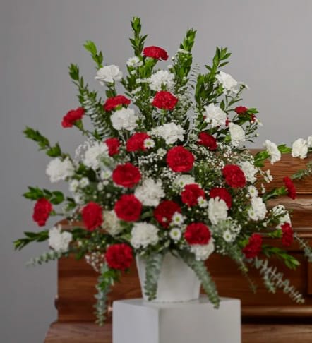 Large Red and White Carnation Tribute Large Red and White Carnation Tribute - Traditional Sympathy Arrangement for the Service