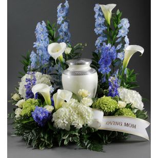 Blue and white Serene Blissful Spirit Urn Deluxe - This Blissful and serene urn arrangement will honor the memories of a dear one, Ribbon included to address your loved one.