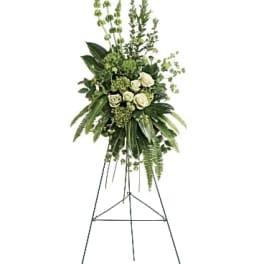 Forever At Peace Bouquet - Peaceful white roses and gorgeous green hydrangea create an unforgettably elegant spray that brings a sense of modern tranquility to the service.   •This tranquil spray of miniature green hydrangea, green roses, green trick dianthus, and bells of Ireland is accented with bupleurum, myrtle, sword fern, variegated aspidistra leaves, aralia leaf, bear grass, and lemon leaf.