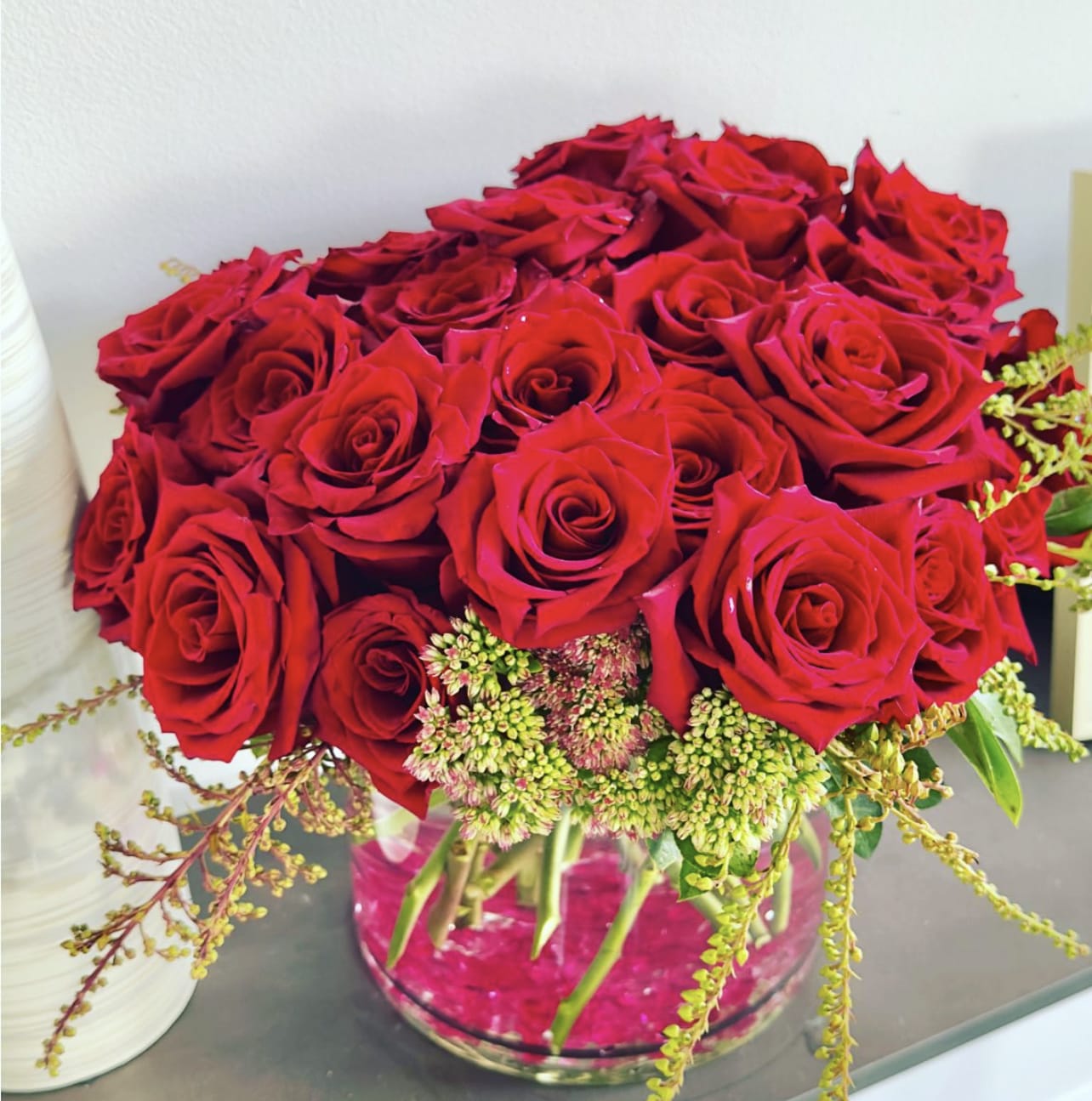 24K Rosè 24K Rosè - 24 Equadorian Romance Roses in low glass cylinder with seeded euc delivered by Granbury Florist - Town and Country Floral .