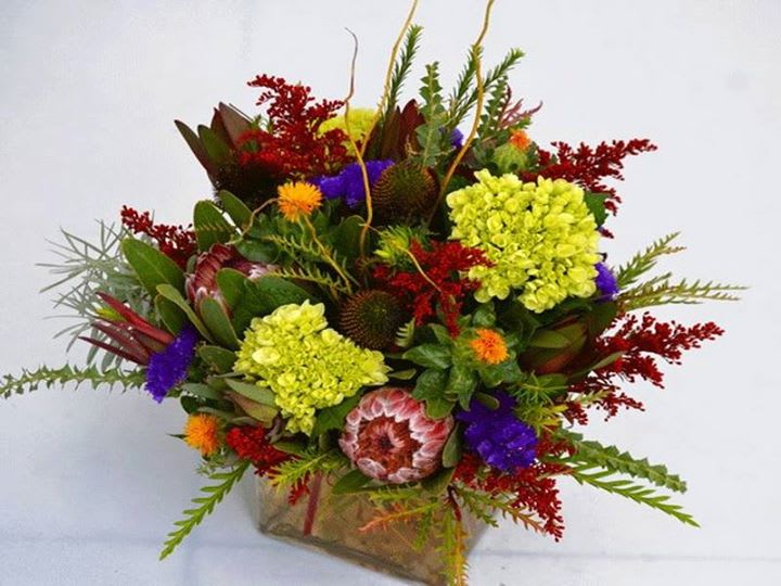 tropics tropics - green hydrangea pods orange thistle, protea etc