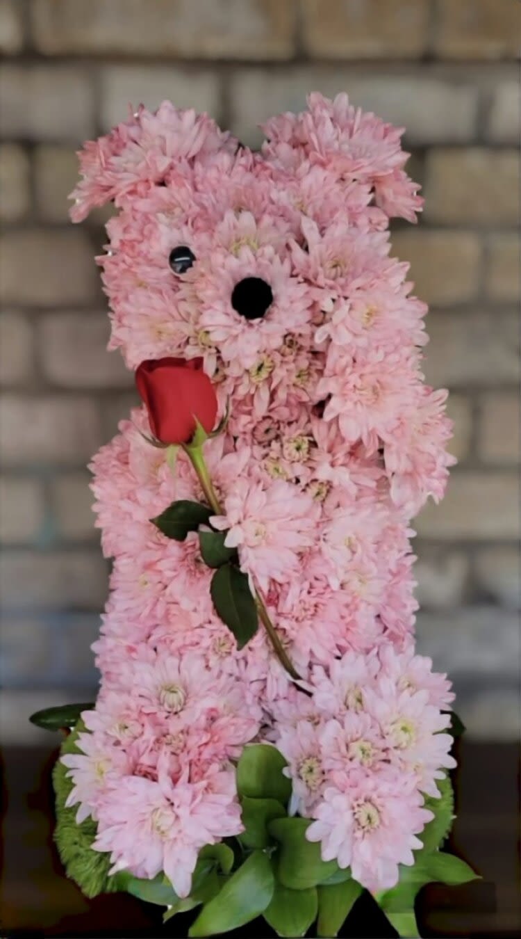 Boo Bear Boo Bear - This shy bear is made up of pink flowers holding a red rose.