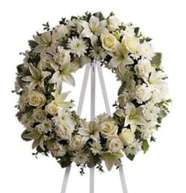  Serenity Wreath - A ring of fragrant, bright white blossoms will create a serene display at any funeral or wake. This classic wreath is delivered on an easel, and is a thoughtful expression of sympathy and admiration.  A standing wreath created from fresh white flowers such as roses, Asiatic lilies, carnations and cushion spray chrysanthemums - accented with greenery - is delivered on an easel.      Orientation: One-Sided      All prices in USD ($)      Standard      T239-3A 