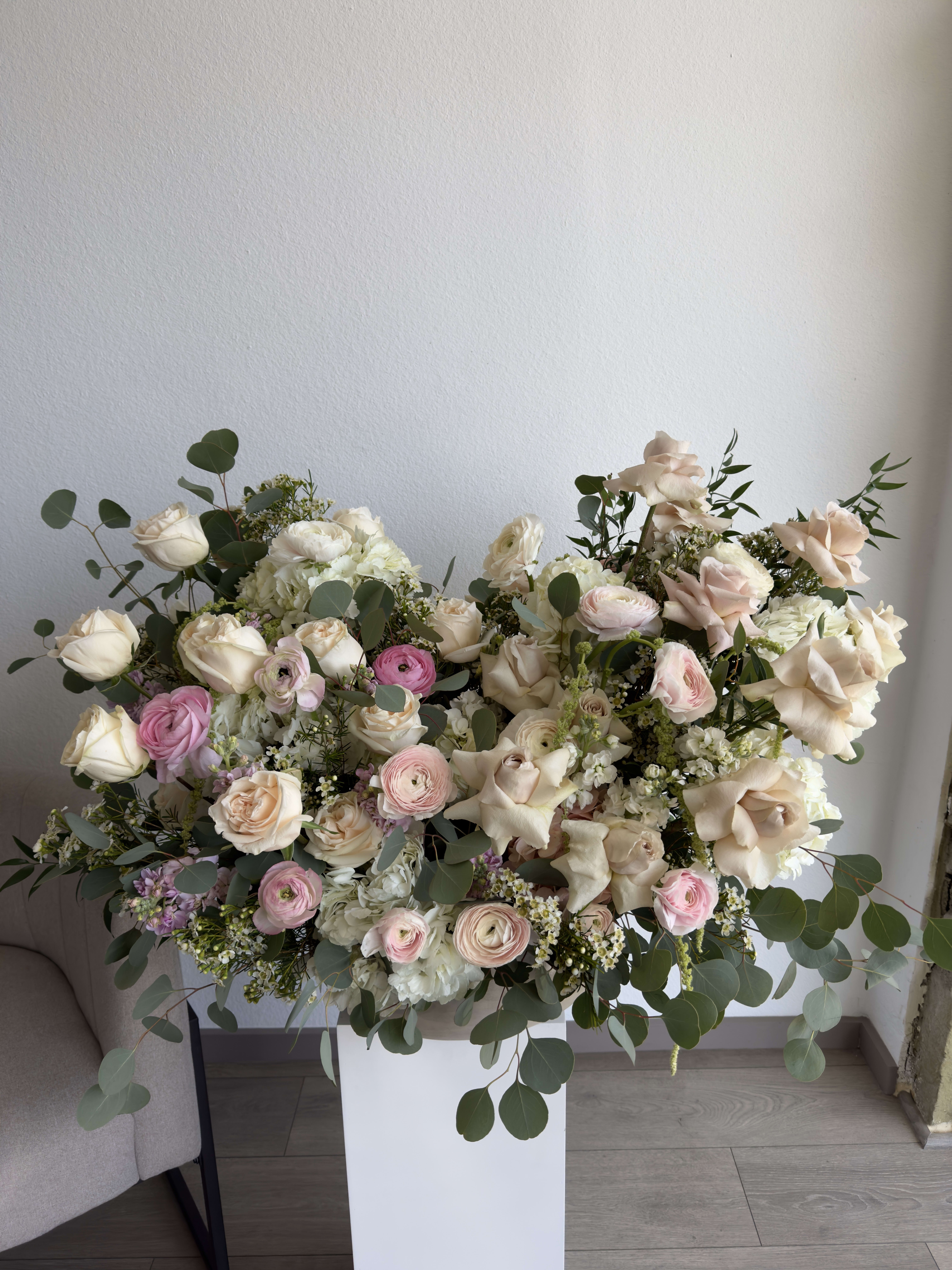 Madison's Petal Large Arrangement  - This beautiful arrangement filled with the roses, hydrangeas, peonies and orchids to deliver your special message to your special someone.  Perfect for any occasion.  Arrangement includes: Large Concrete Vase  Custom greeting card  