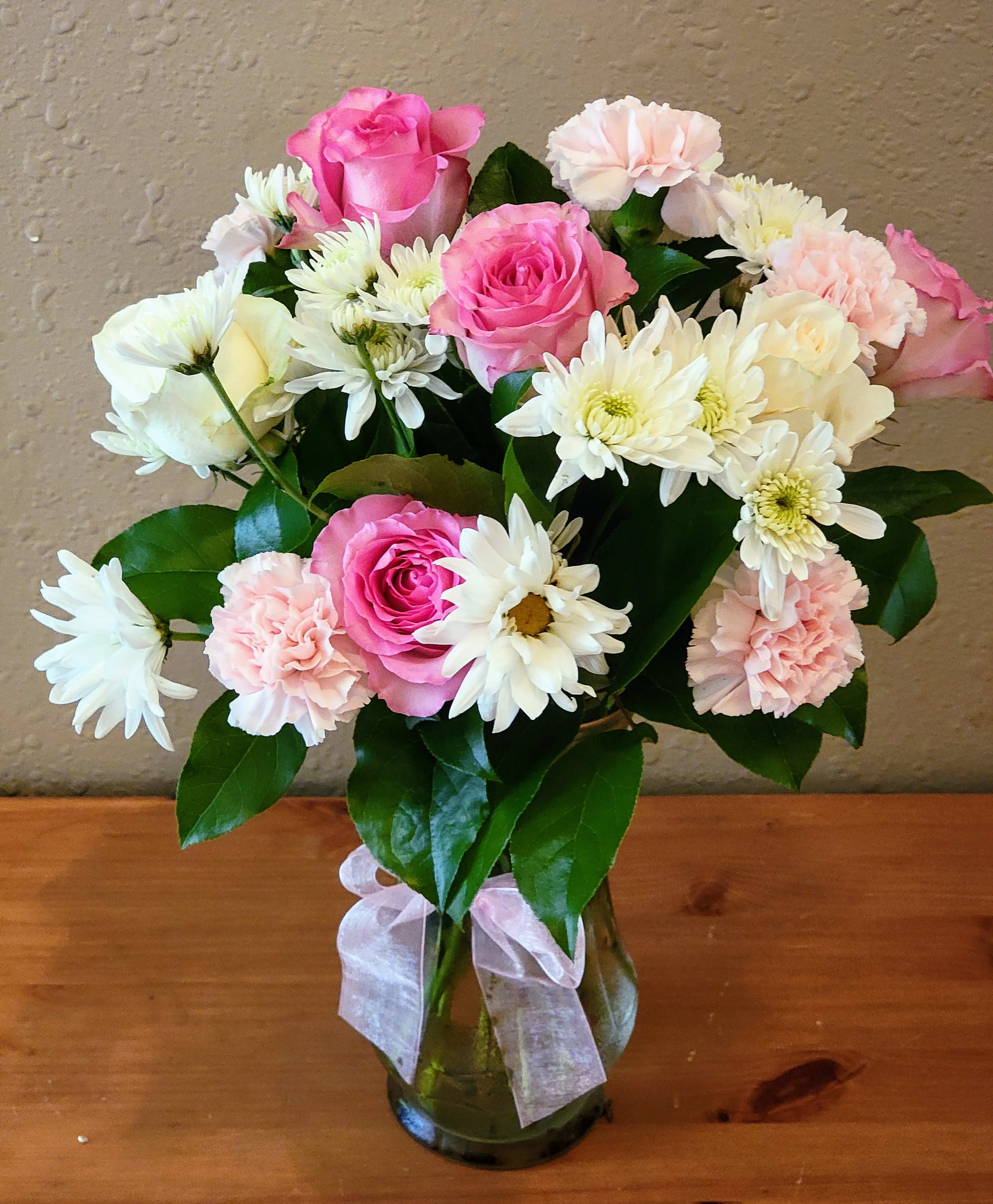 Pink and White for Love - Pink and white roses with Pink carnations