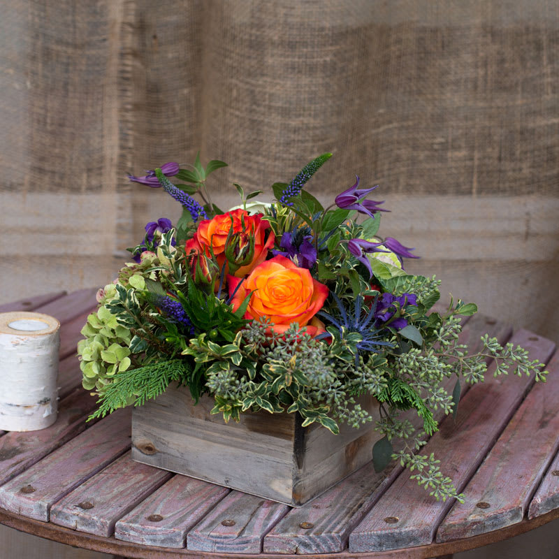 Low wild autumn gathering Low wild autumn gathering - A mixture of purple,orange in a low wood gathering. Perfect table top or island.