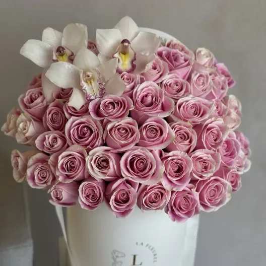 Classic Pink - 50 Roses in a box - This beautiful arrangement filled with the pink roses to deliver your special message to your special someone. Perfect for any occasion. You can choose any color of the box.  Arrangement includes: Medium box measured at 9.75&quot; Dia. x 9.25&quot; H Custom greeting card