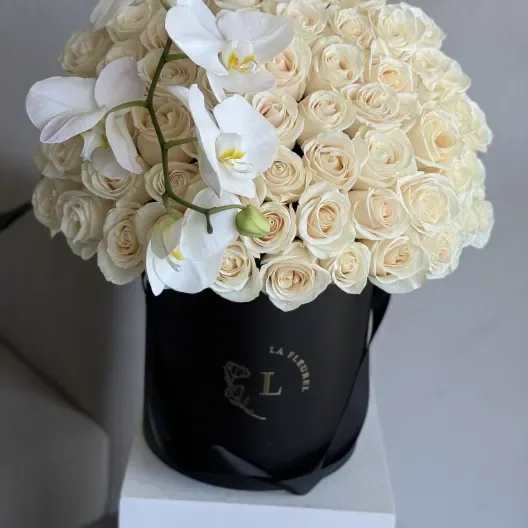 Classic White - 50 white roses in a box - An elegant arrangement of 50 pristine white roses, beautifully presented in a sophisticated box. This timeless bouquet exudes pure grace and simplicity, making it a perfect choice for any occasion where understated beauty is desired.