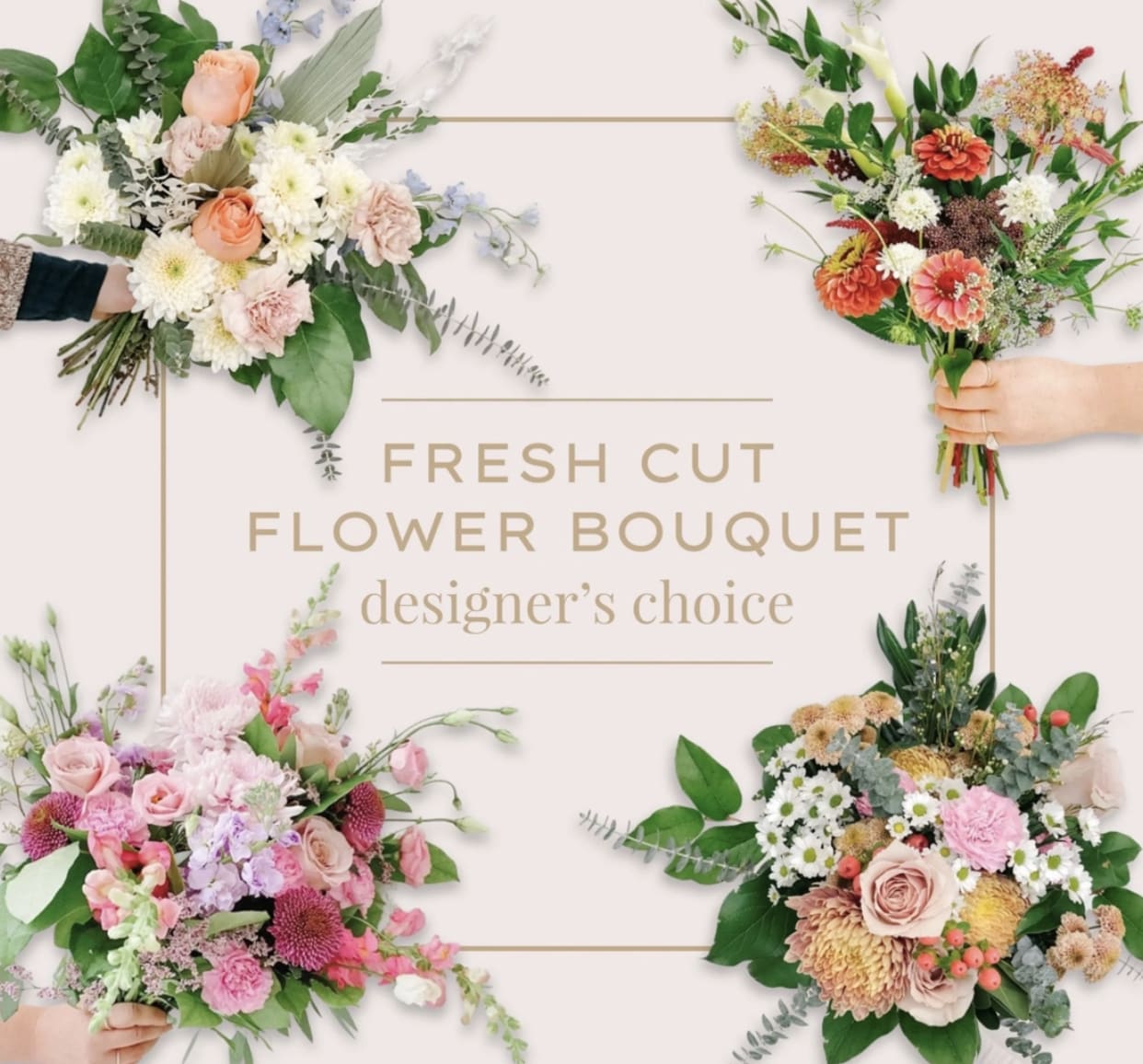 Seasonal Mix Hand-tied Bouquet - Fresh and bright hand-tied bouquet mixed with an abundance of seasonal blooms. Send it to a friend or home for yourself. Those pops of colors are sure to brighten any day!