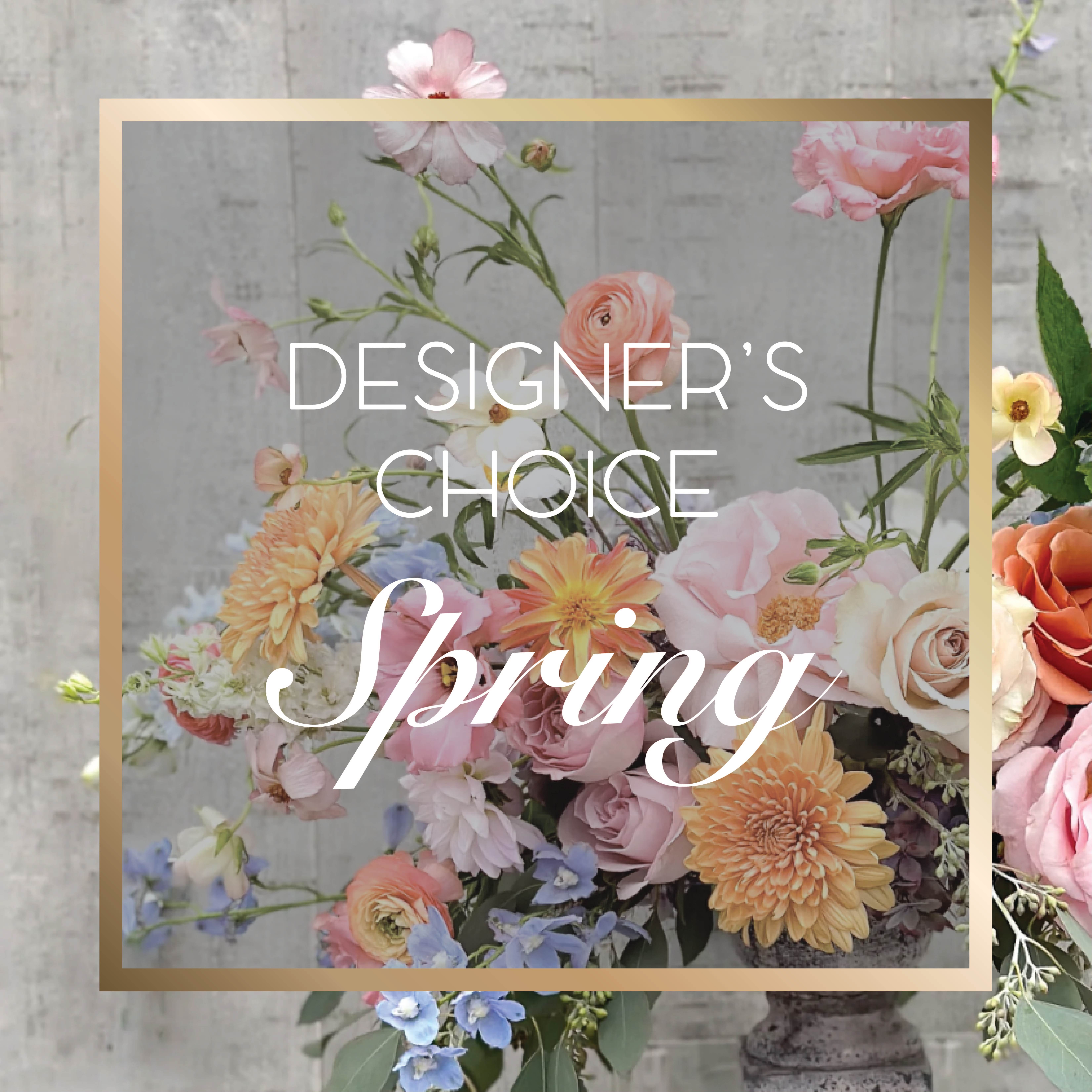 Designer's Choice Spring - A unique blend of spring blooms to brighten anyones day. Your arrangement will pop with a ton of color and will bring spring to the recipient.