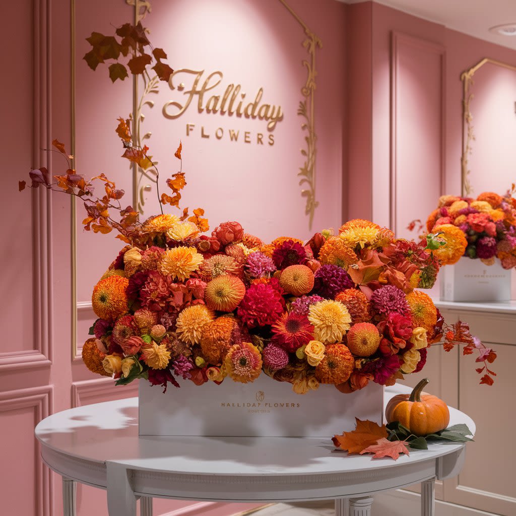 Artistry Artistry - A captivating photograph of a magnificent autumn floral arrangement in a wooden box. The box is filled with a stunning variety of seasonal flowers, including vibrant oranges, reds, and yellows, The arrangement is further enhanced by the inclusion of fall foliage, evoking a sense of warmth and comfort.