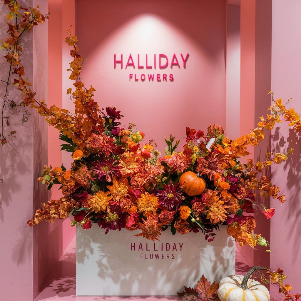 Radiates Coziness By Halliday Flowers Radiates Coziness By Halliday Flowers - A captivating flawlessly arranged autumn floral display, adorned with an exquisite assortment of vibrant flowers in shades of orange, red, and yellow, beautifully contrasting a delicate sprinkle of fall foliage and a rustic pumpkin, creating a warm and comforting atmosphere.