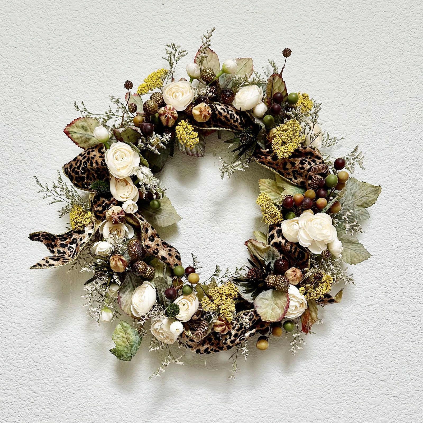 DFW- 05 (Dry flower wreath) DFW- 05 (Dry flower wreath) - One of a kind Dry flower wreath (Silk garden roses flowers with dry flowers decorated with Ribbon. 16" diameter
