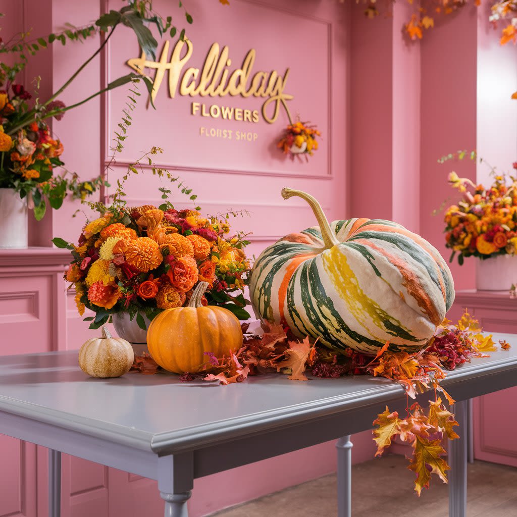 Lovely Autumn by Halliday Flowers - A lovely autumn centerpiece with its unique brown and orange flowers. The bright orange, red, and yellow flowers surrounding the squash contrast beautifully with the rustic pumpkin and a touch of fall foliage add to the seasonal charm. The arrangement emanates warmth and comfort.