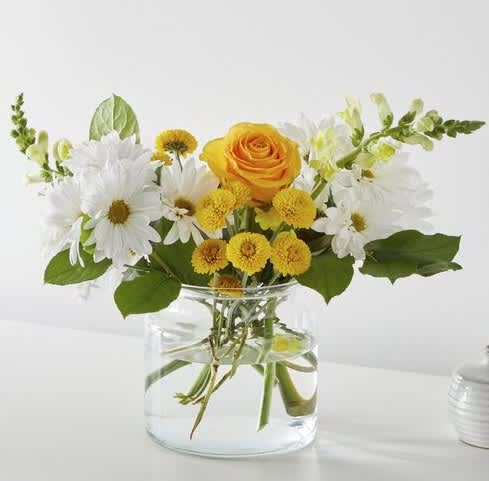Sun Salutation - Greet the morning with fresh yellow snapdragons, white daisies, and yellow roses to help you start the day on a sunny note.