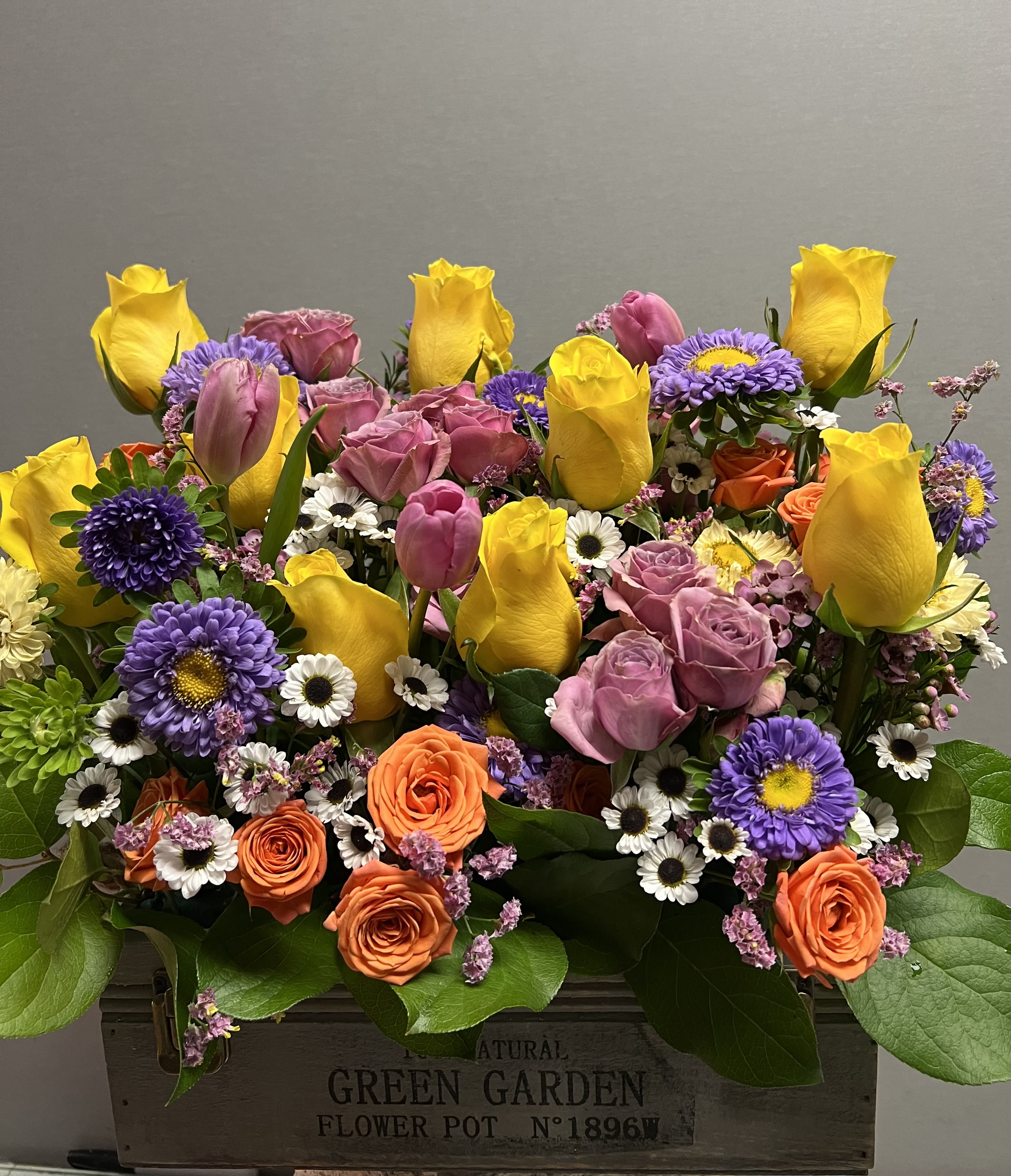 Midsummer Melody - Yellow, Orange and Purple Flowers Box  AS SIMILAR AS POSSIBLE Substitution based on season, flowers availability or any unforeseen or uncontrollable circumstances 
