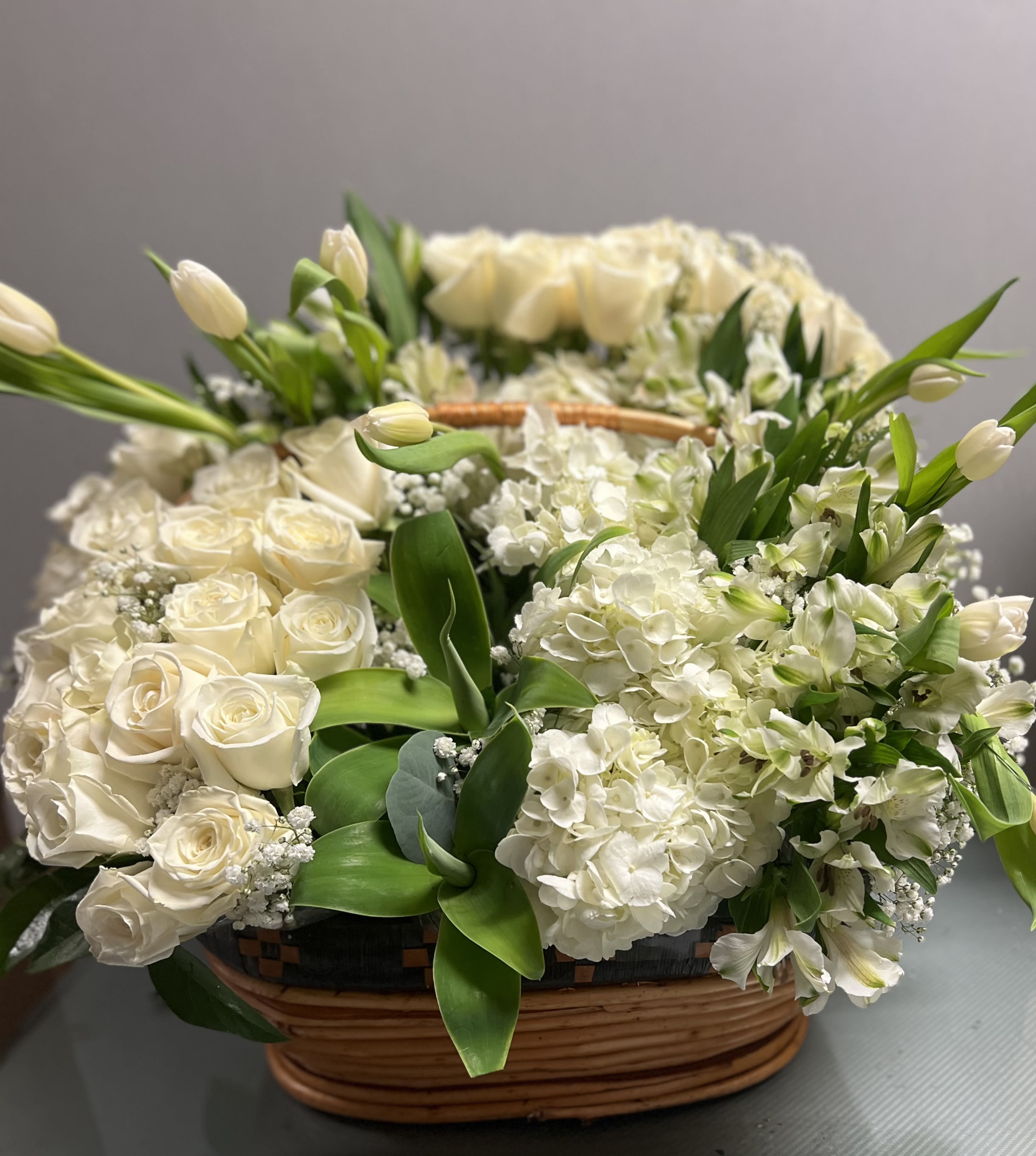 Pure Serenity  - White Flowers Basket AS SIMILAR AS POSSIBLE Substitution based on season, flowers availability or any unforeseen or uncontrollable circumstances 