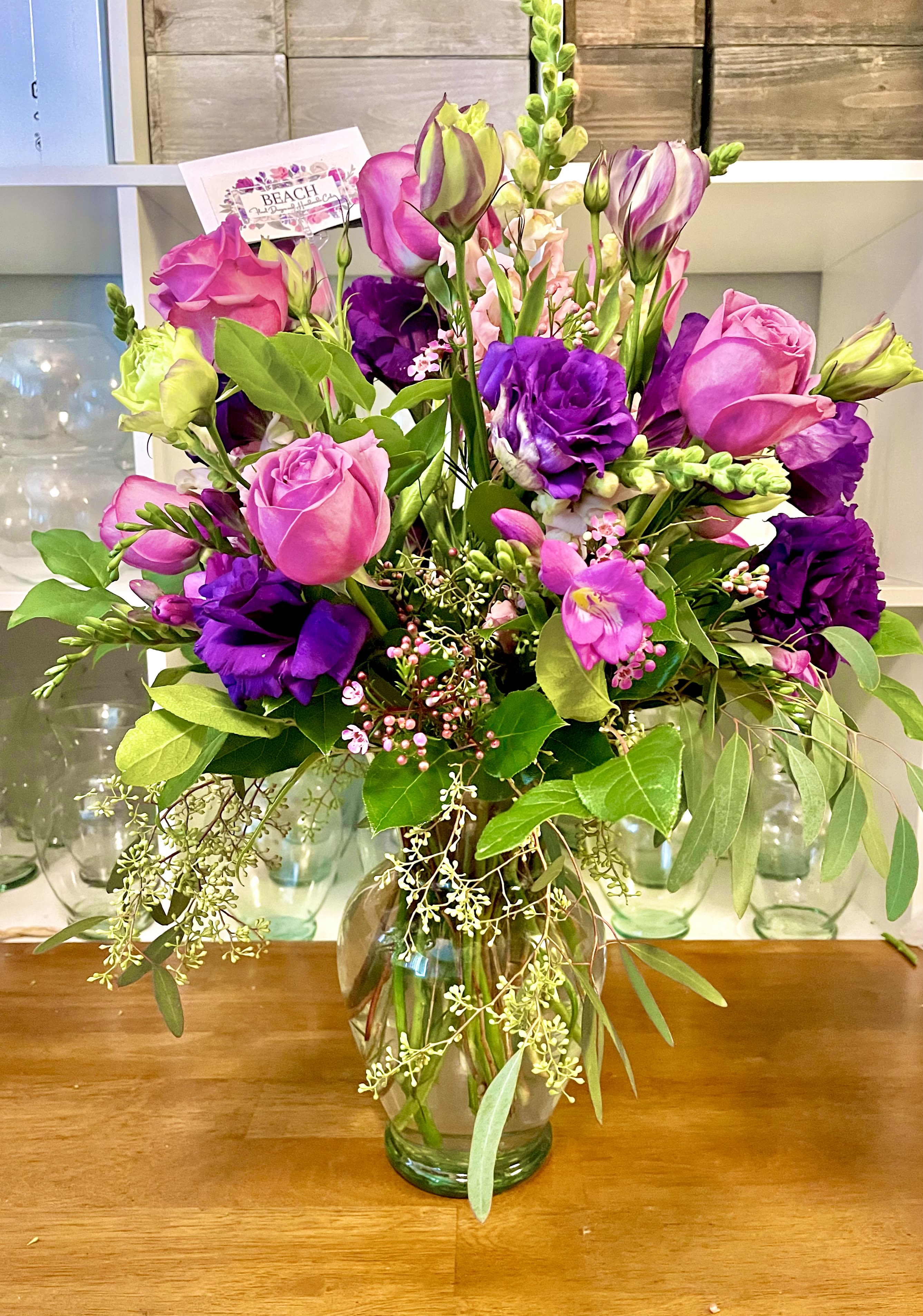 Purple Perfection Purple Perfection - Beautiful and fresh purple flowers in a clear glass vase.
